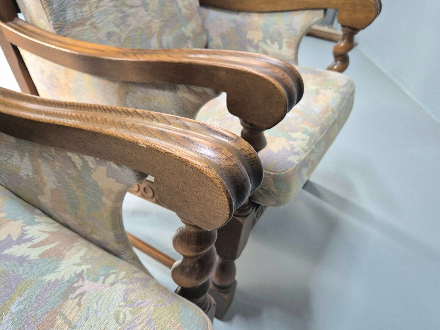 2 Vintage Danish Lounge Chairs Floral Beige Cotton Oak Frame Baroque EB8952 VCLO - UKDK FURNITURE