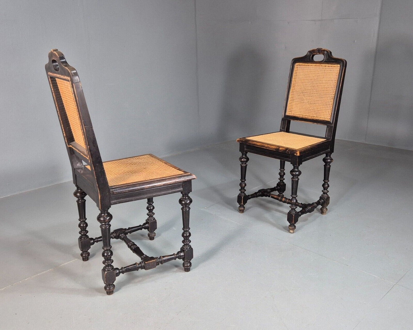 2 Vintage Dining Chairs Bergere Ebonised Aesthetic Movement Antique EB7975 VBER - UKDK FURNITURE