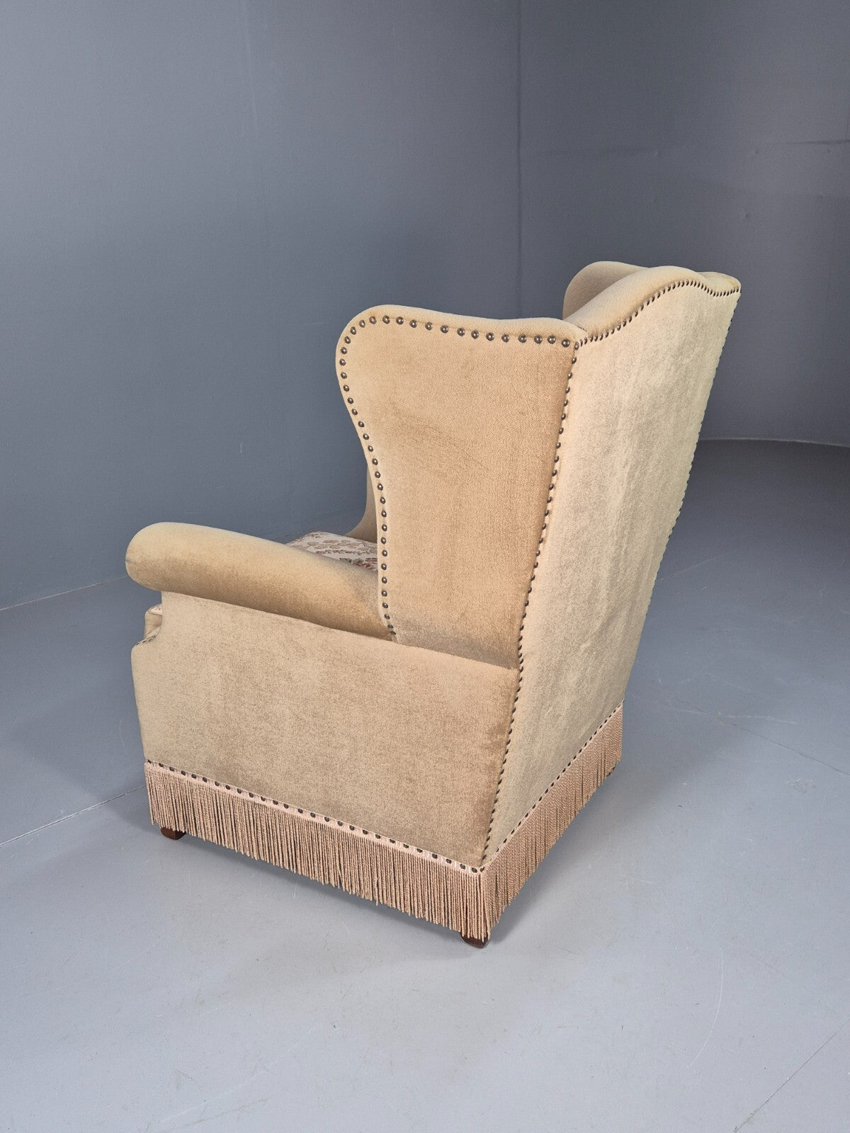 Vintage Danish Wing Back Lounge Chair 1950s Retro Tassels and Floral EB9013 VCLO - UKDK FURNITURE