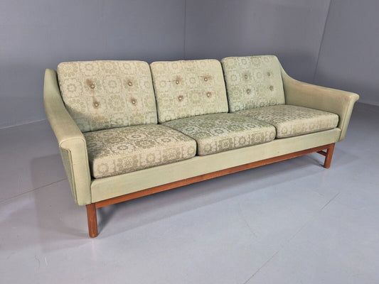 Vintage Swedish 3 Seat Sofa Floral Green Cotton Teak 1960s Retro MCM EB7775 M3SS - UKDK FURNITURE