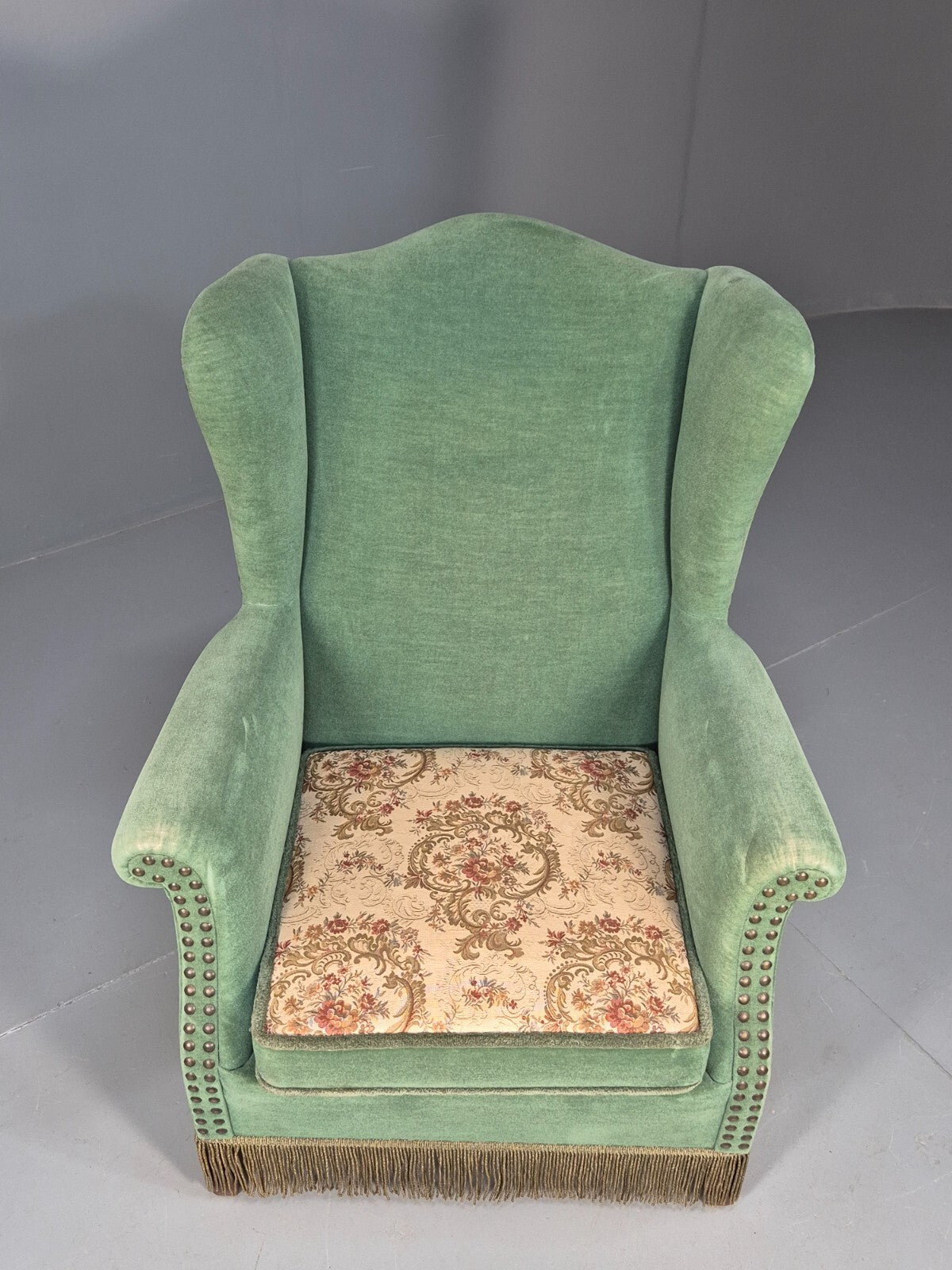 Vintage Danish Wingback Lounge Chair Green and Cream Floral Tassels EB9610 VCLO - UKDK FURNITURE