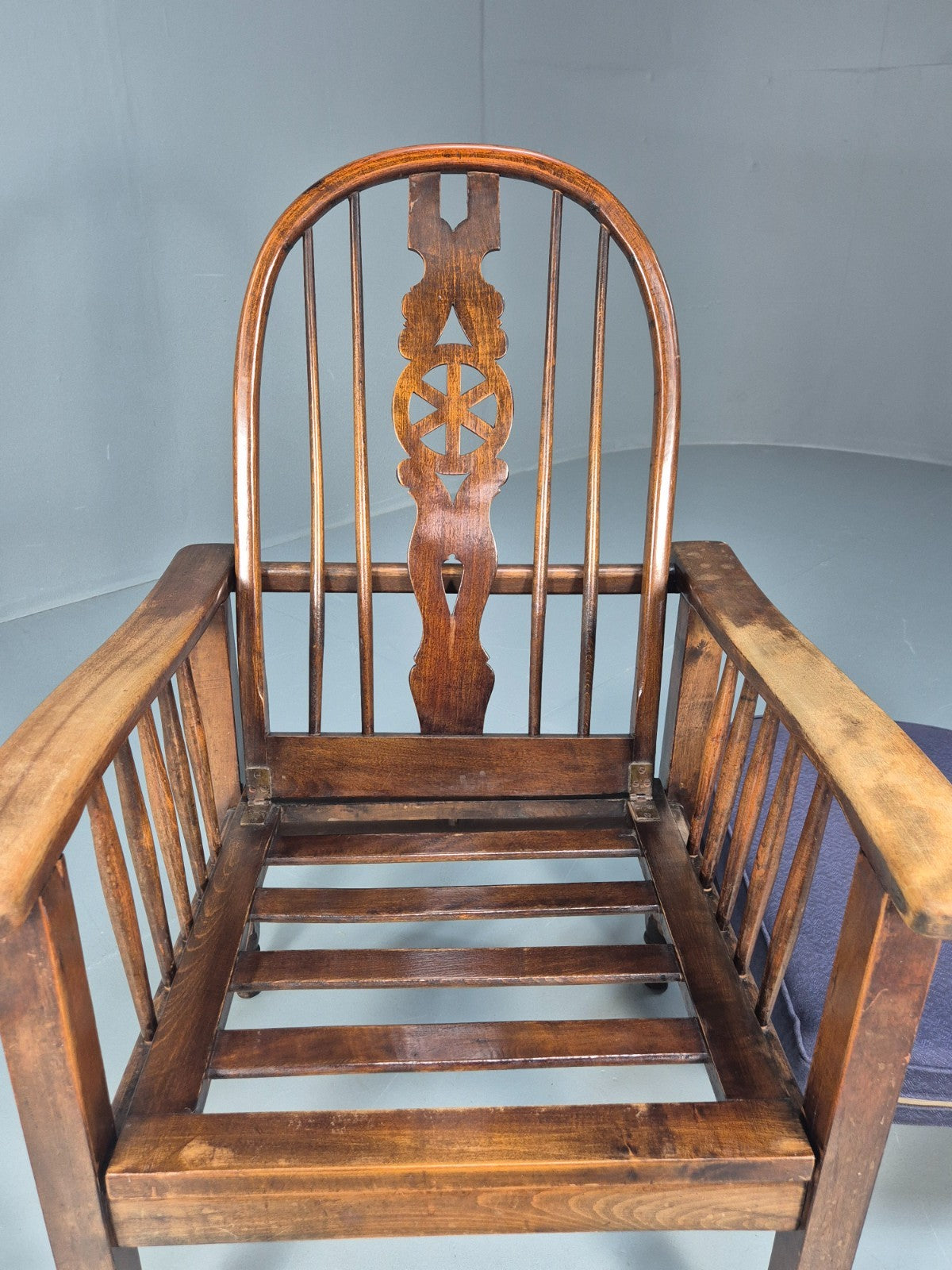 Antique Oak Wheel Back Folding Chair Purple upholstery 1900s EB10629 VCAR17