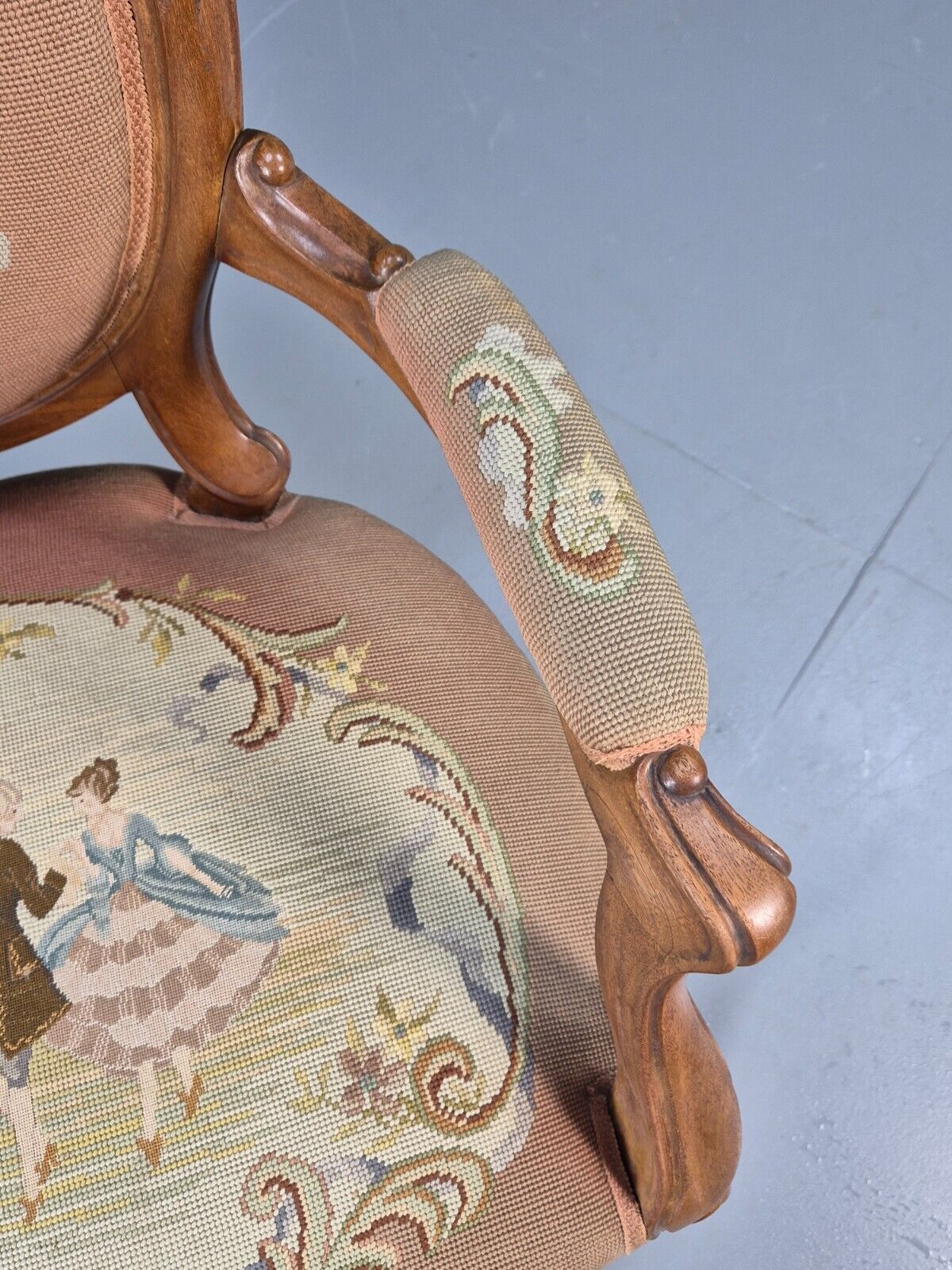 Vintage Danish Rococo Style Lounge Chair Figural Tapestry Upholstery EB8982 VCLO - UKDK FURNITURE