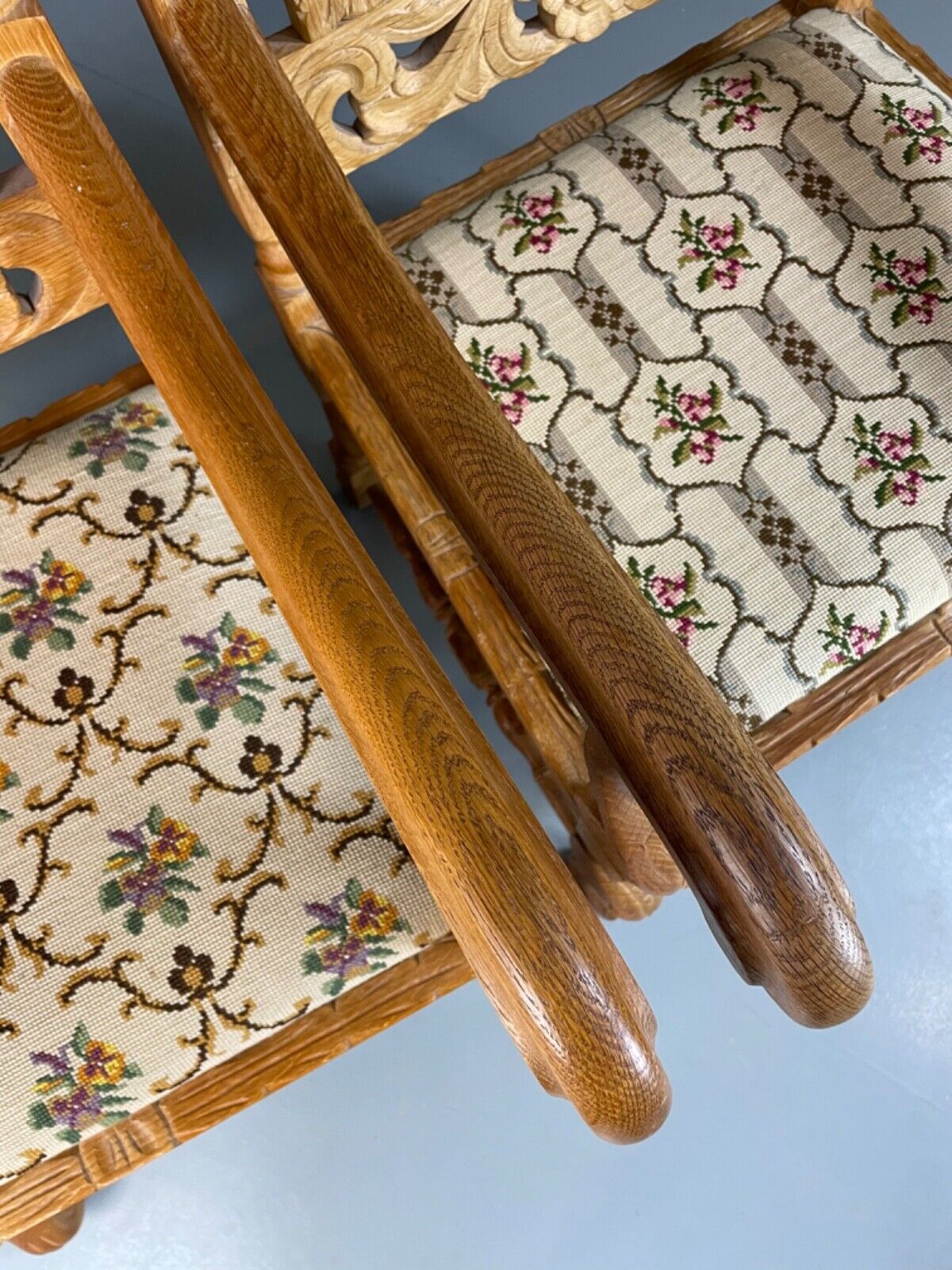 EB5172 2 Vintage Danish Carved Oak Elbow Chairs. Carolean Style, Antique VCAR - UKDK FURNITURE