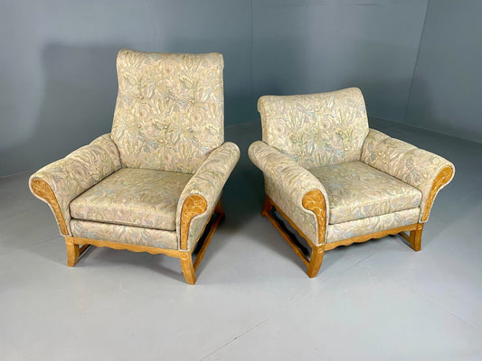 2 Danish Lounge Chairs Kjaernulf Oak Floral Cotton Vintage Retro EB6749 MNOR1