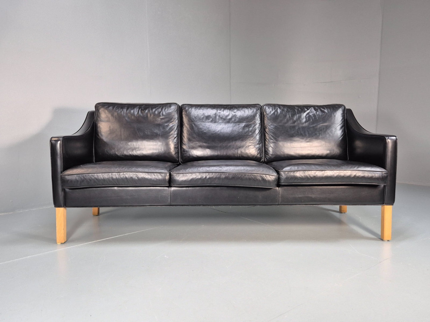 Vintage 3 Seater Leather Sofa Danish Mogensen Style Black 1980s EB10689 M3SS6