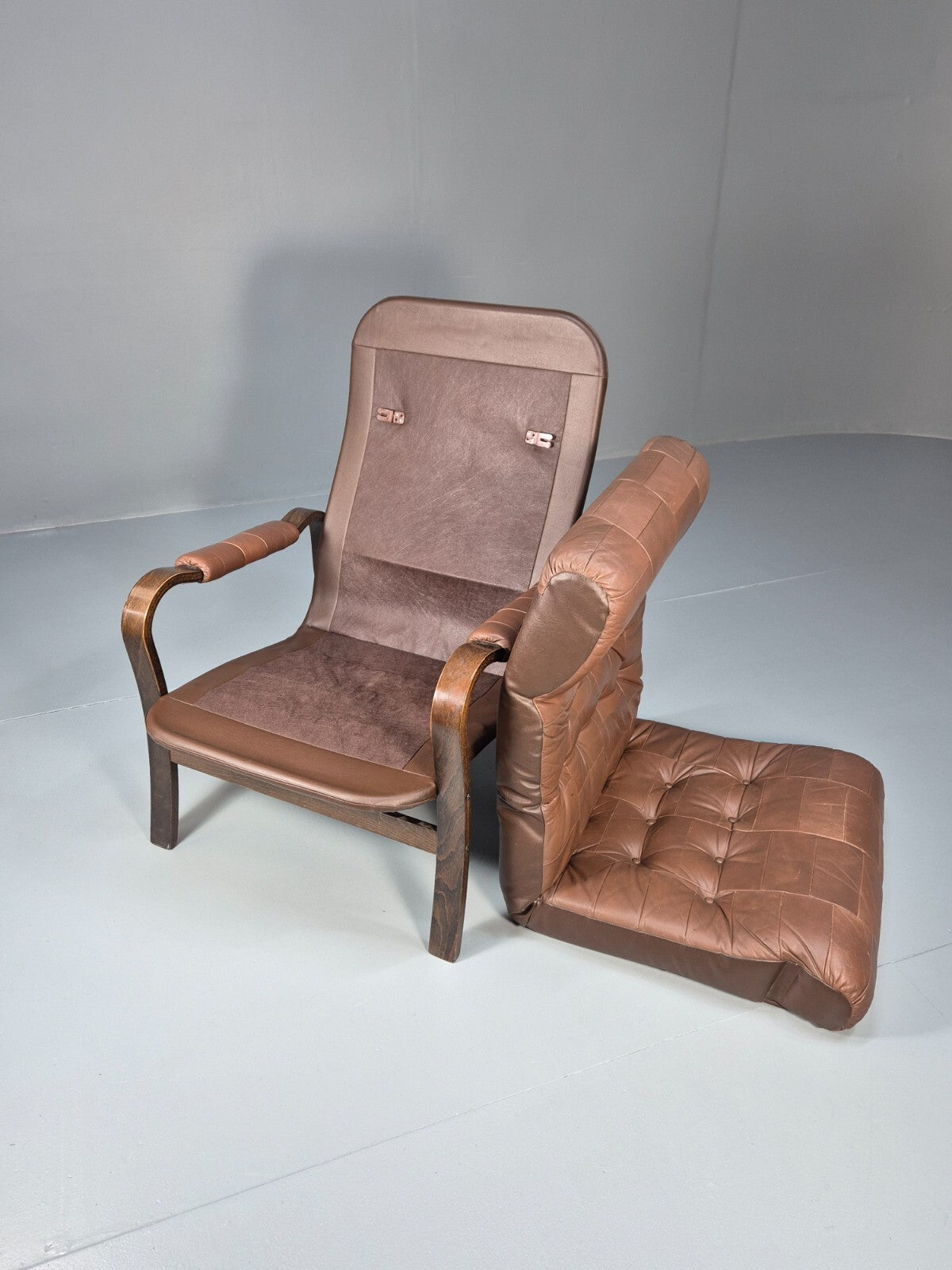 Vintage Danish Bentwood Lounge Chair Brown Leather Buttoned 1970s EB9486 MBEN - UKDK FURNITURE