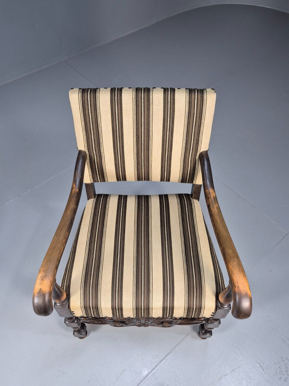 Vintage Danish Baroque Style Elbow Chair Striped Wool Upholstery EB9383 VCAR - UKDK FURNITURE