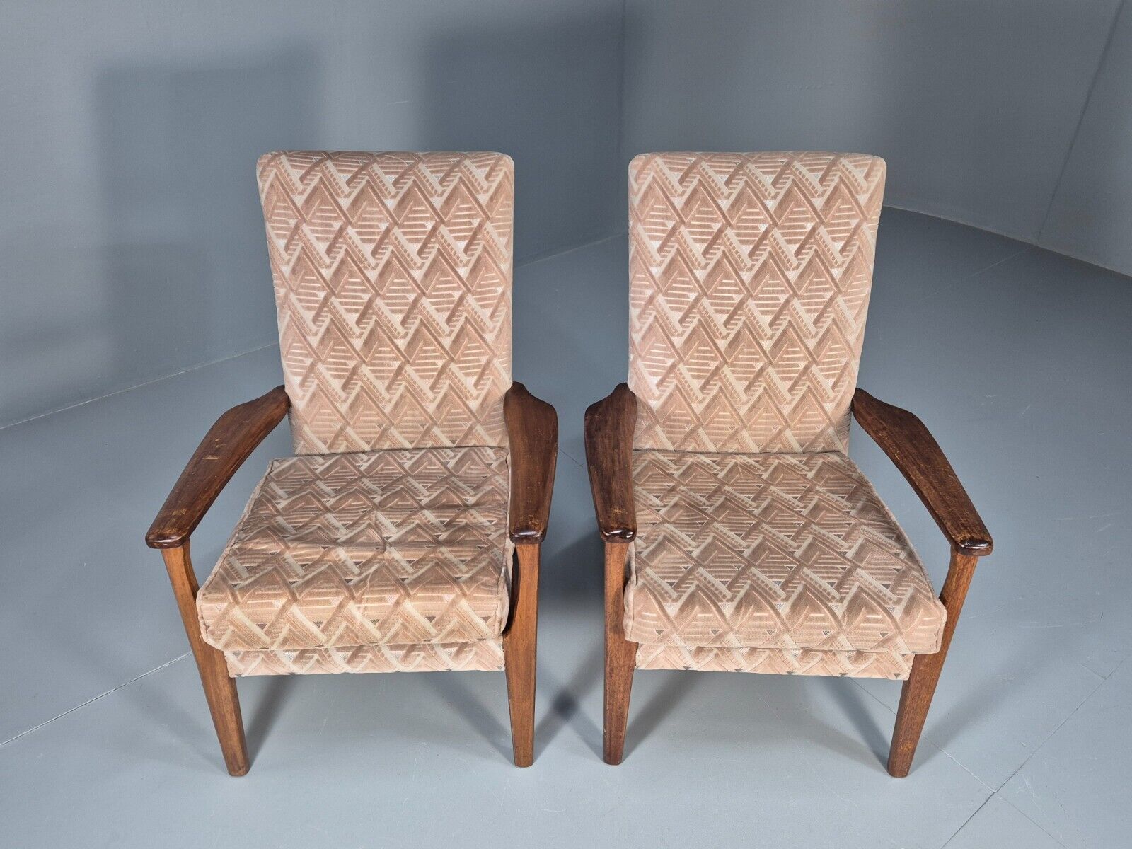 Vintage Parker Knoll Armchairs Pair Deco Pink Fabric Stained Beech EB8866 MCLO - UKDK FURNITURE