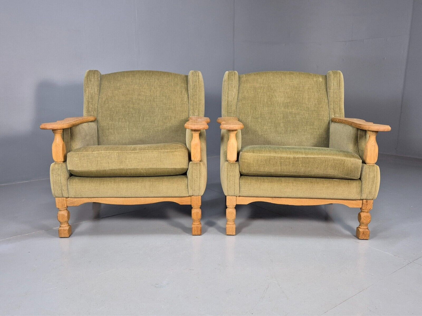 2 Vintage Danish Lounge Chairs Green Oak Frame Kjearnulf Retro 1970s EB8279 MNOR - UKDK FURNITURE