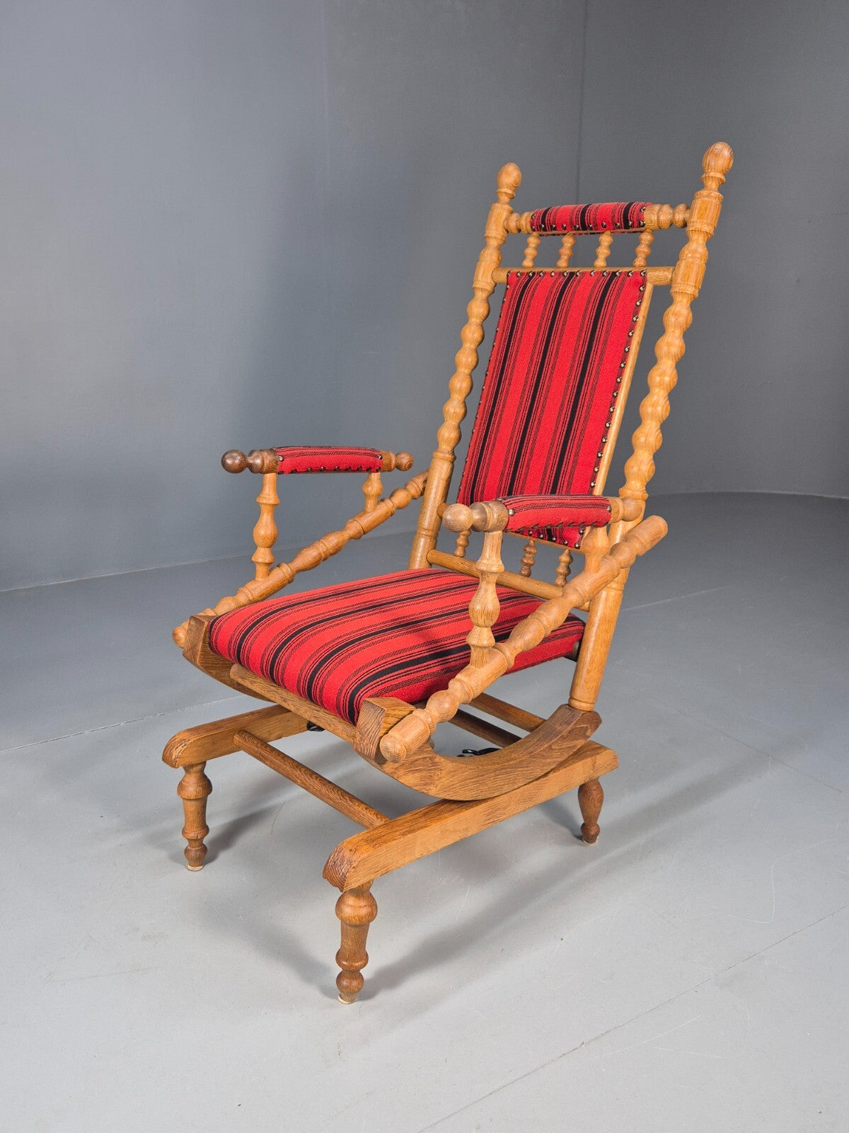 Vintage Danish Rocking Chair Oak Frame Red Stripe American Style EB9375 VCAR - UKDK FURNITURE