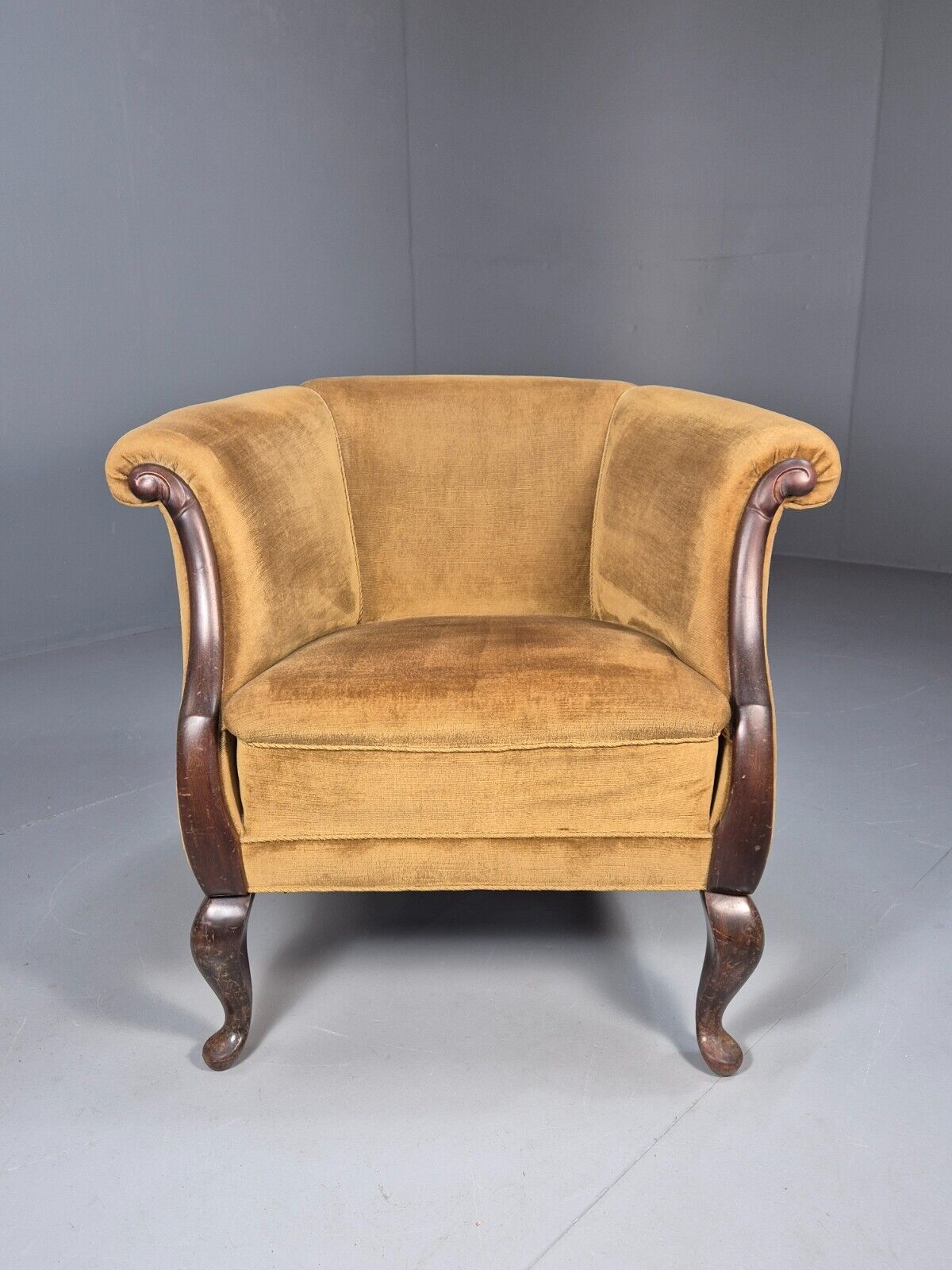 Vintage Danish Deco Era Tub Chair Gold Velour Mahogany 1930s EB9051 VCLO - UKDK FURNITURE