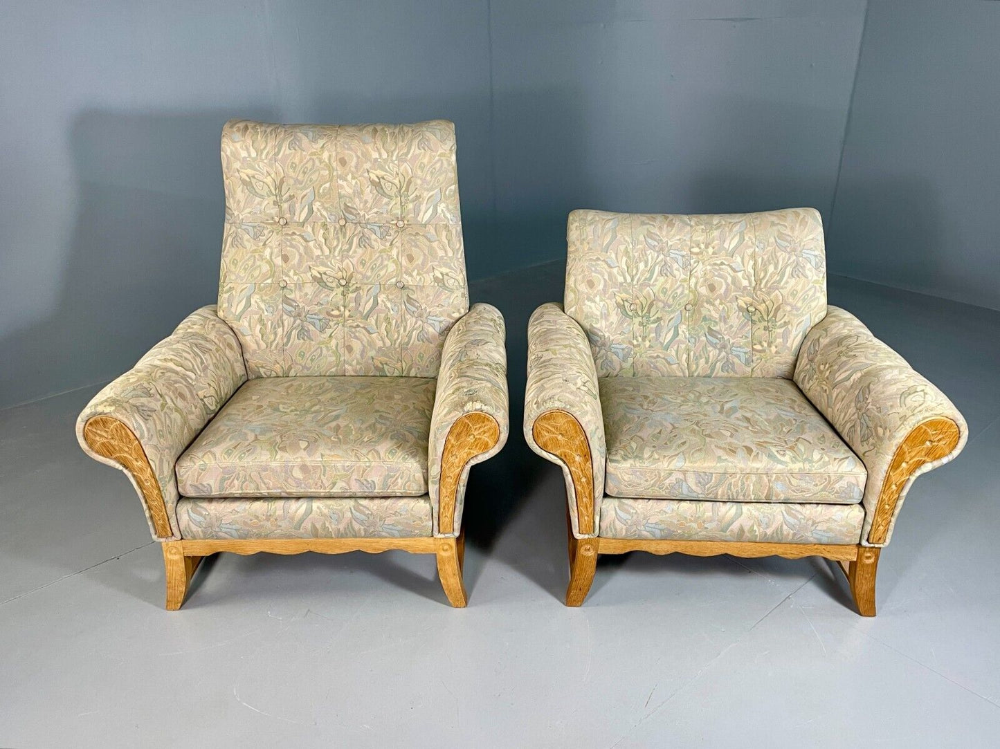 2 Vintage Danish lounge chairs Kjaernulf Oak Floral Cotton Retro EB6749 MNOR - UKDK FURNITURE