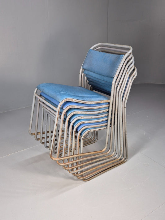 7 1950s Stacking Village Hall Chairs PEL style models in Blue Vinyl EB9470 MSTA - UKDK FURNITURE