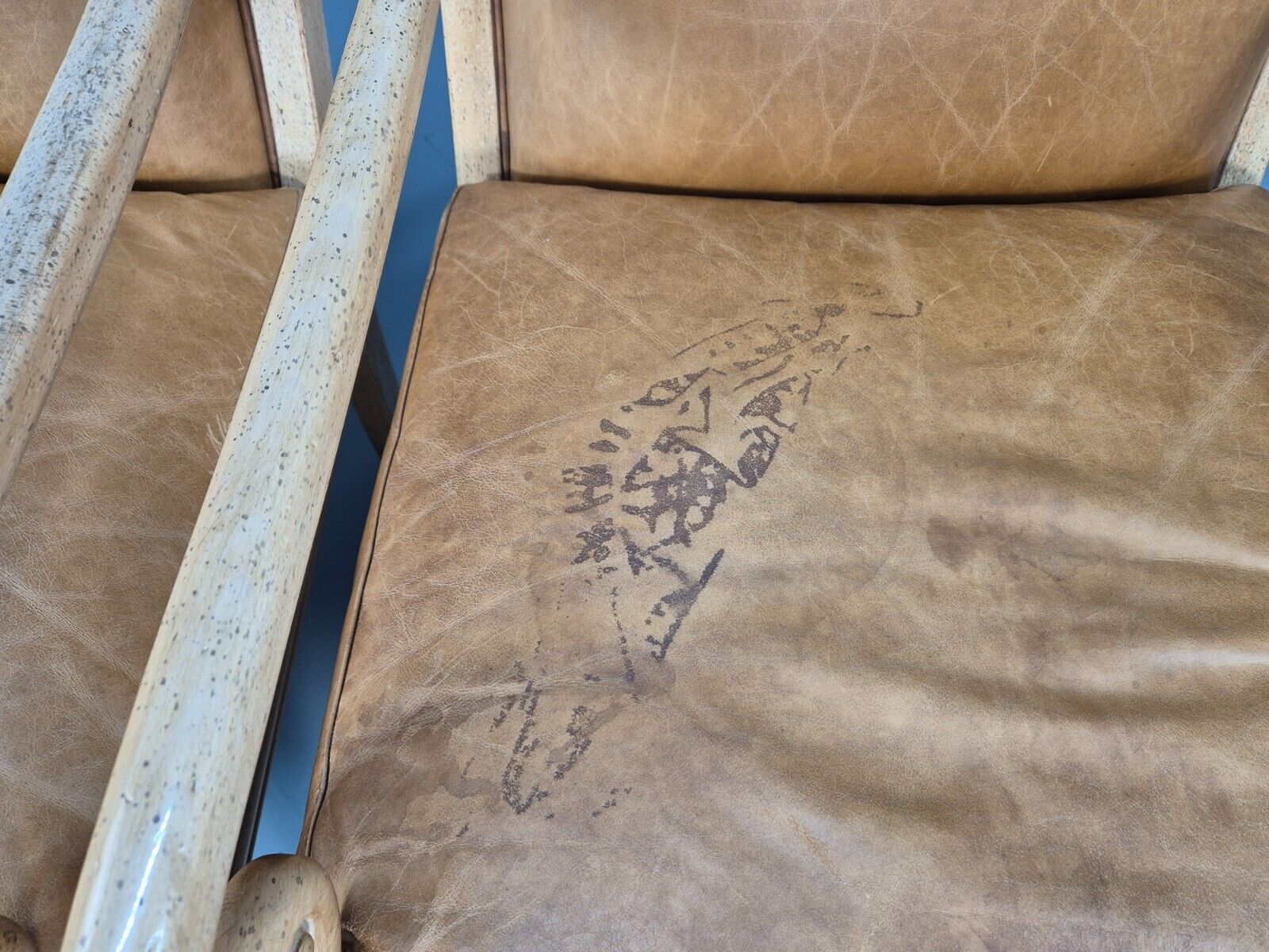 2 Vintage Lounge Chairs Tan Leather Cream Wood Frame Antique Style EB9028 VLEA - UKDK FURNITURE