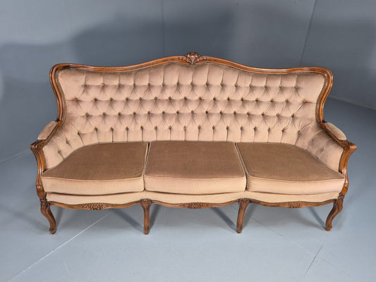 Vintage Danish 3 Seat Sofa Beige Velour Antique French Style 1970s EB8943 V3SS - UKDK FURNITURE