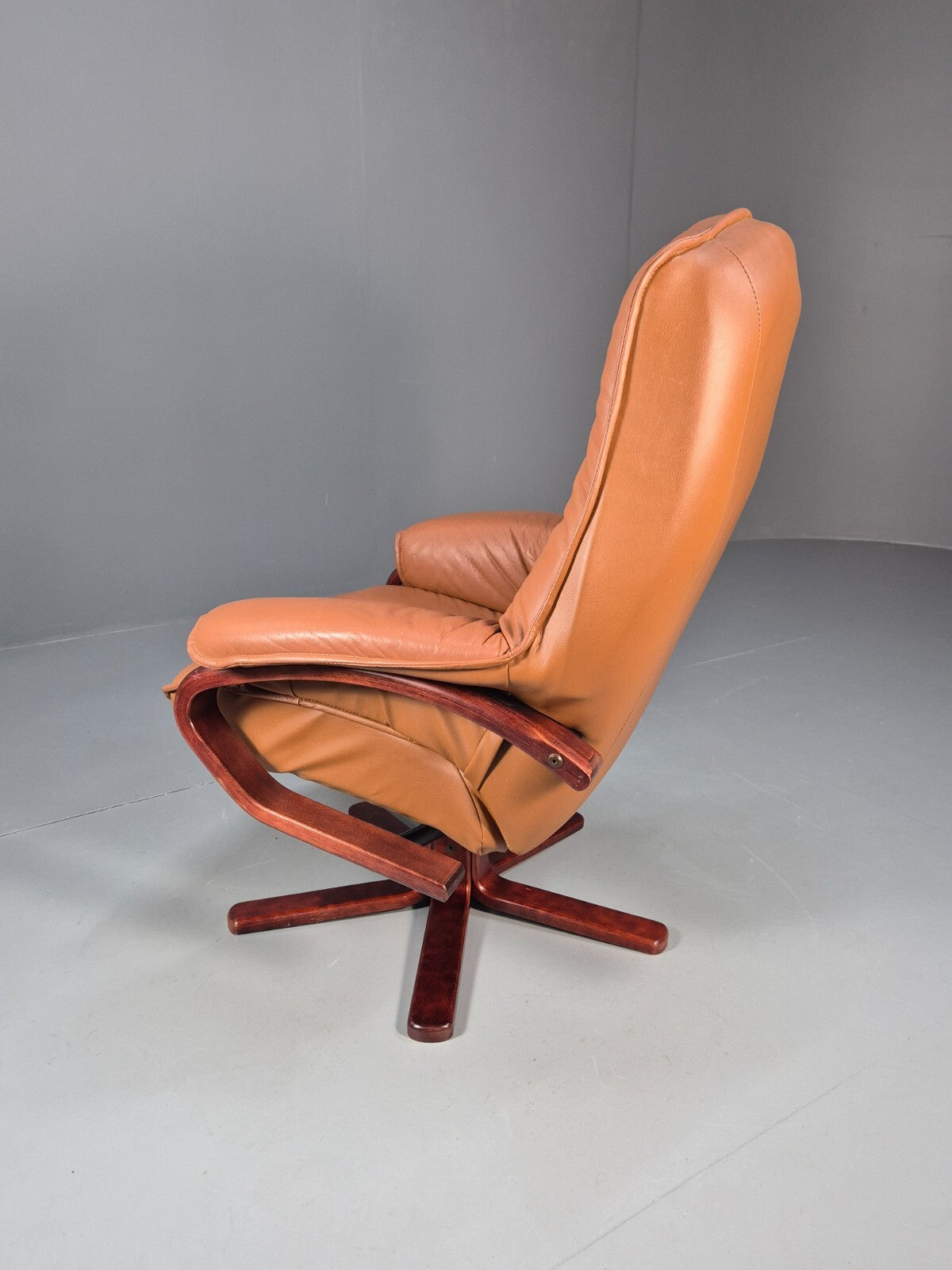 Vintage Tan Leather & Vinyl Swivel & Reclining Chair Danish Retro EB9265 MSWI - UKDK FURNITURE