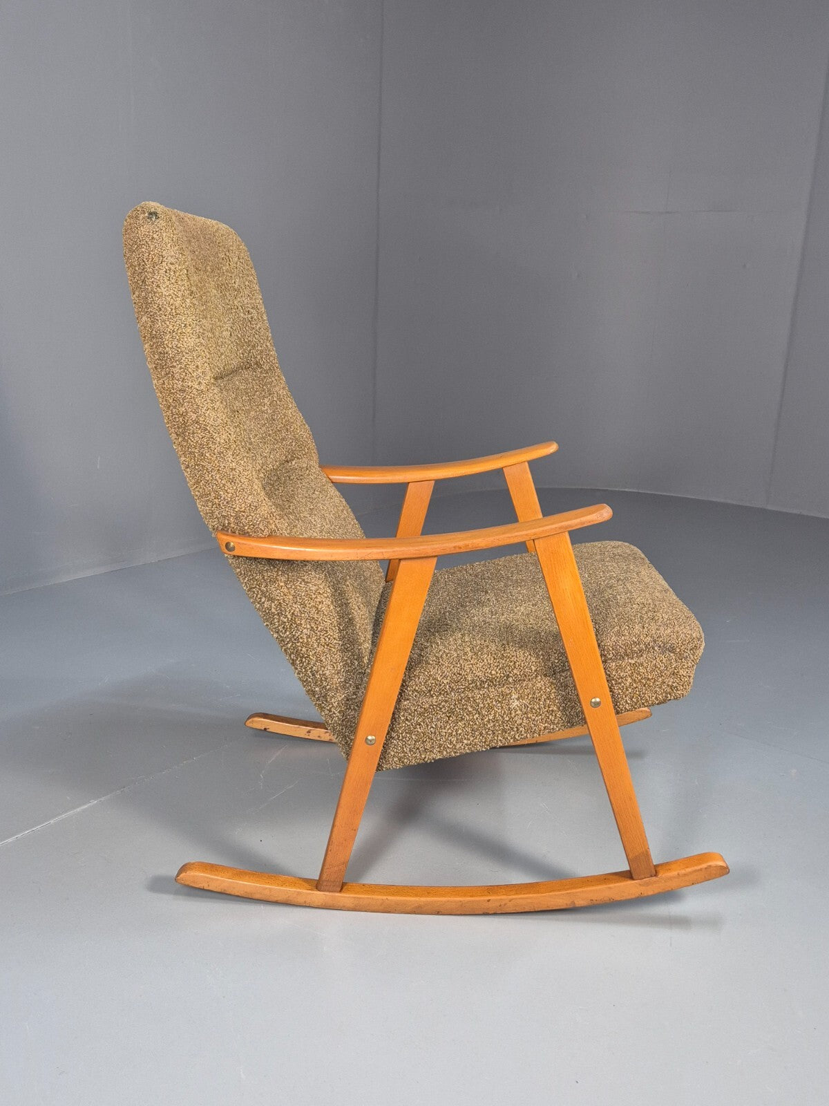 Mid Century Rocking Chair Olive Brown Wool Fabric Beech Frame 1950s EB9595 MNOR - UKDK FURNITURE