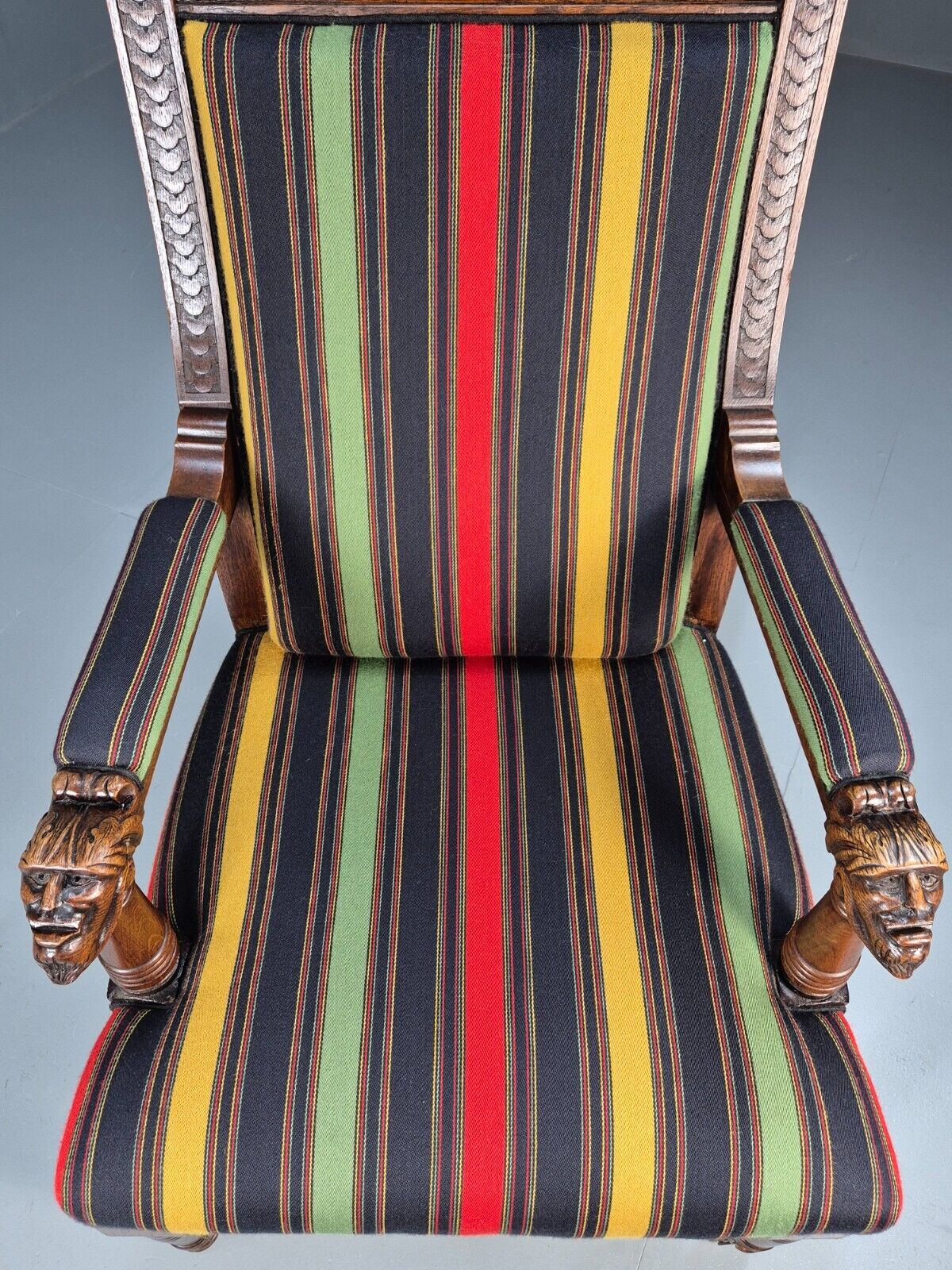Vintage Danish Lounge Chair Multicoloured Carved Oak Figures Antique EB8951 VCLO - UKDK FURNITURE