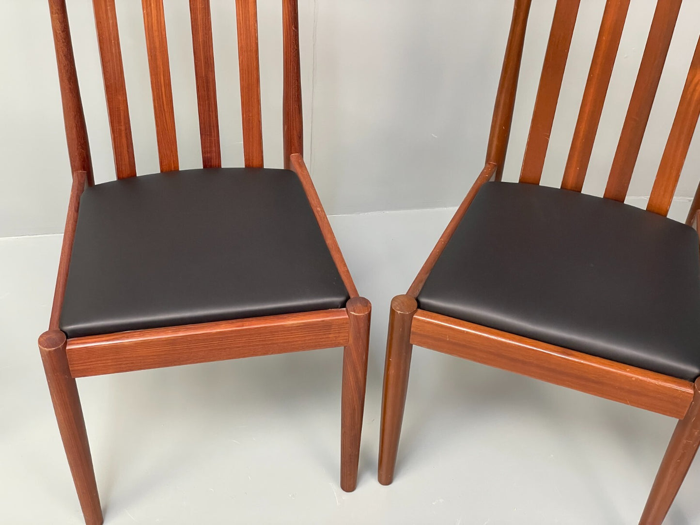 Vintage Meredew Dining Chairs Six Mahogany Teak 1970s Black Vinyl EB9726 MDIN - UKDK FURNITURE