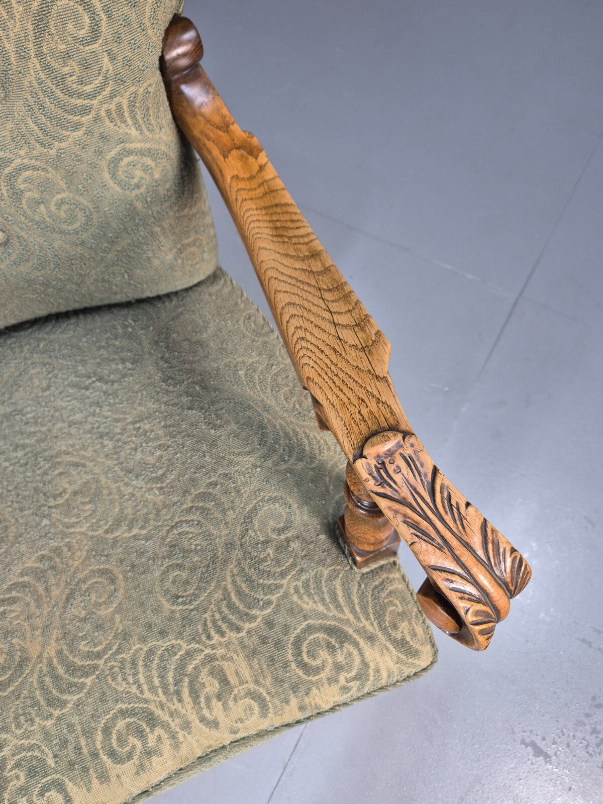 Vintage Danish Lounge Chair Green Moquette Carved Oak Frame 1940s EB8981 VCLO - UKDK FURNITURE