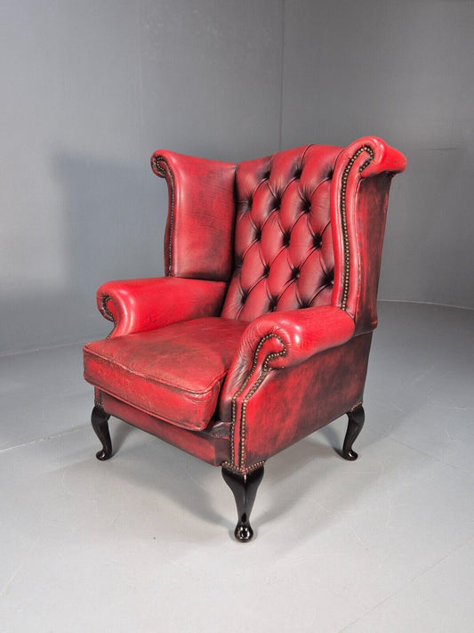 Vintage Queen Anne Red Leather Wing Back Winchester Brand 1990s EB9219 VLEA - UKDK FURNITURE