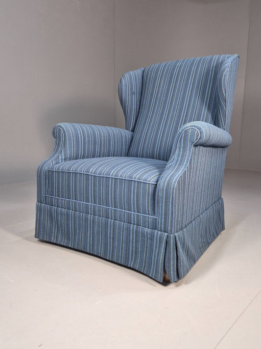 Vintage Danish Wingback Lounge Chair Blue Stripe Wool Cover 1950s Eb9024 VCLO - UKDK FURNITURE