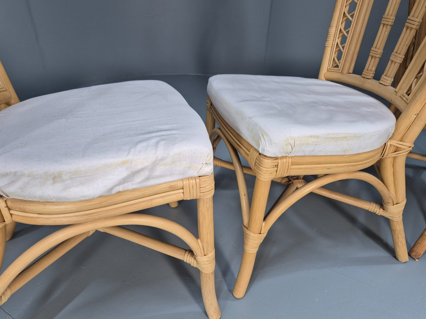 6 Vintage Cane Dining Chairs 1980s Retro 2 Carvers White Seat EB9704 VBER - UKDK FURNITURE