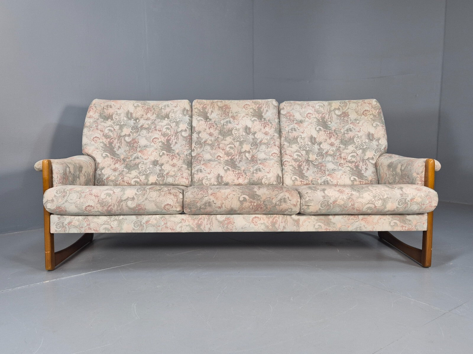 Vintage 1970s Wood Frame 3 Seat Sofa Floral Cotton Upholstery Retro EB9474 M3SS - UKDK FURNITURE