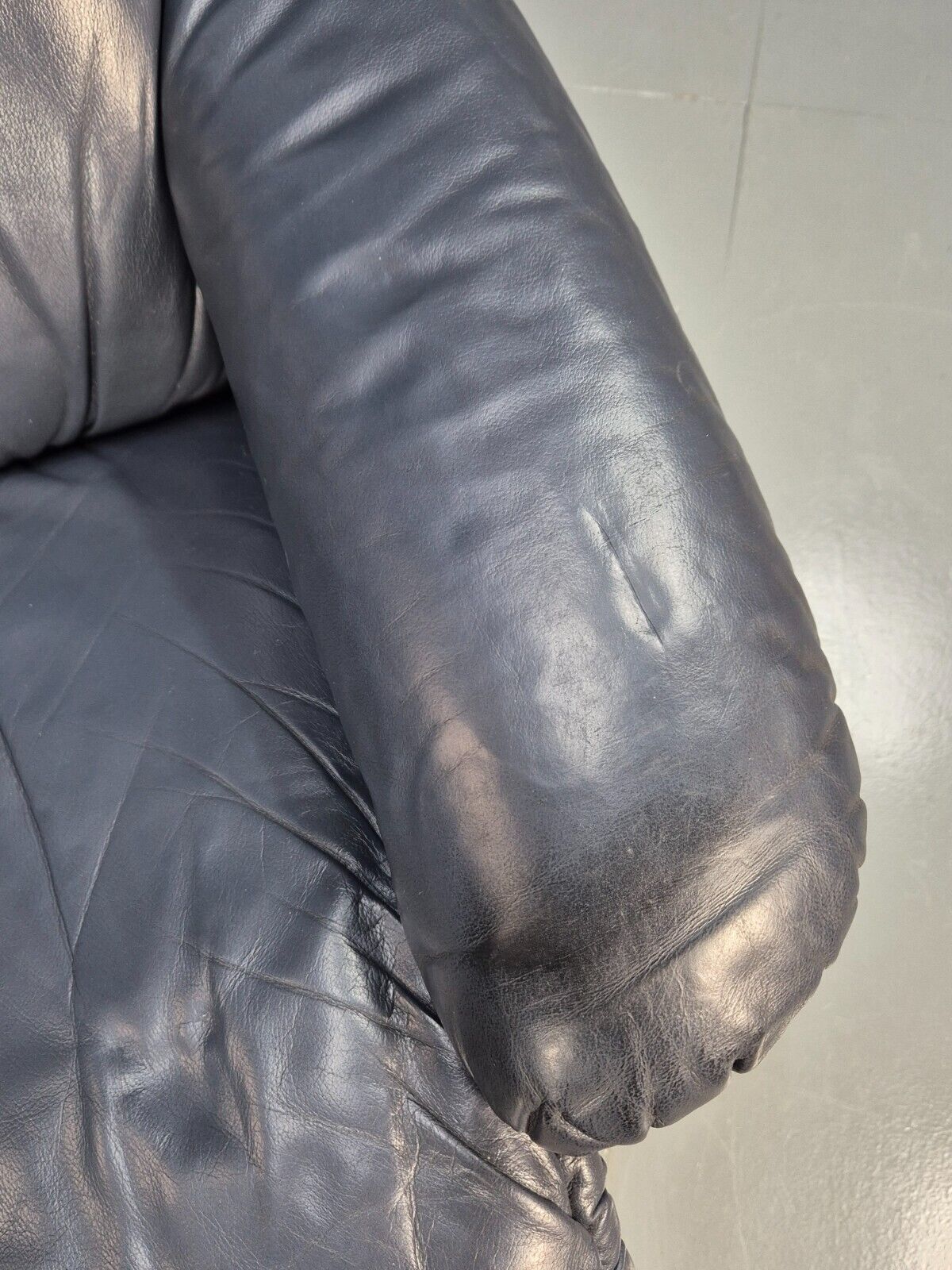 Vintage Danish Swivel Chair Blue Grey Leather Reclines 1980s Retro Eb8465 MSWI - UKDK FURNITURE