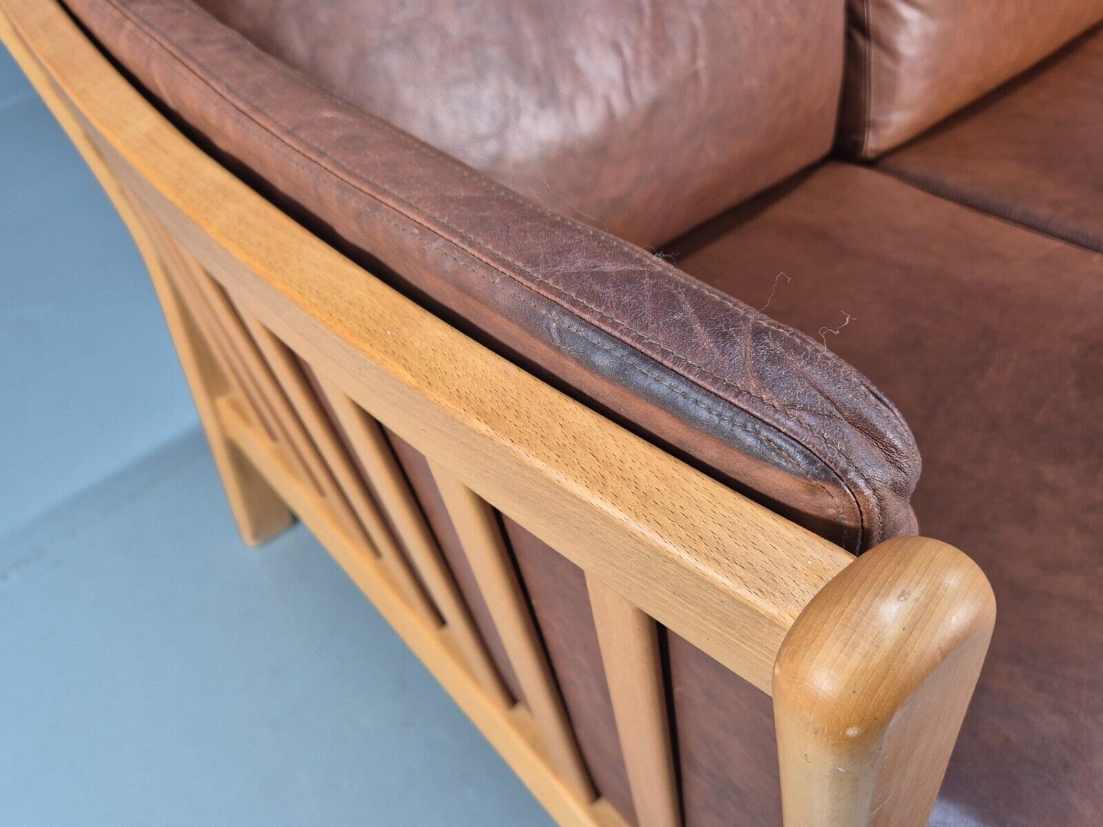 Vintage Danish 3 Seat Sofa Tan Leather Beech Ends Stouby Style MCM EB8751 M3SS - UKDK FURNITURE