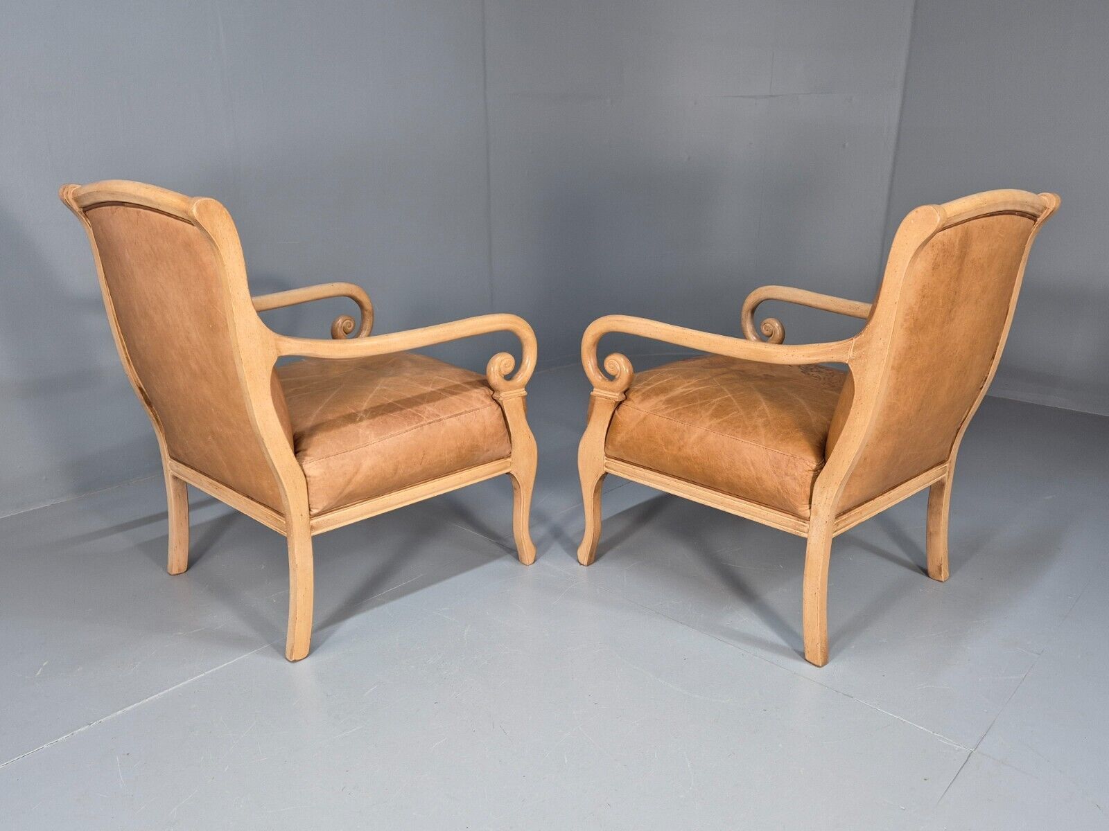 2 Vintage Lounge Chairs Tan Leather Cream Wood Frame Antique Style EB9028 VLEA - UKDK FURNITURE