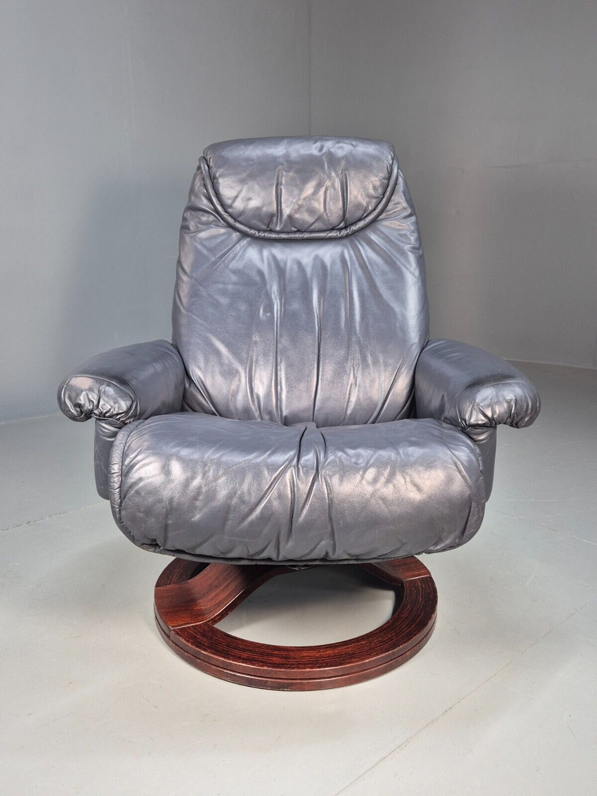 Vintage Danish Swivel Chair Blue Grey Leather Reclines 1980s Retro Eb8465 MSWI - UKDK FURNITURE
