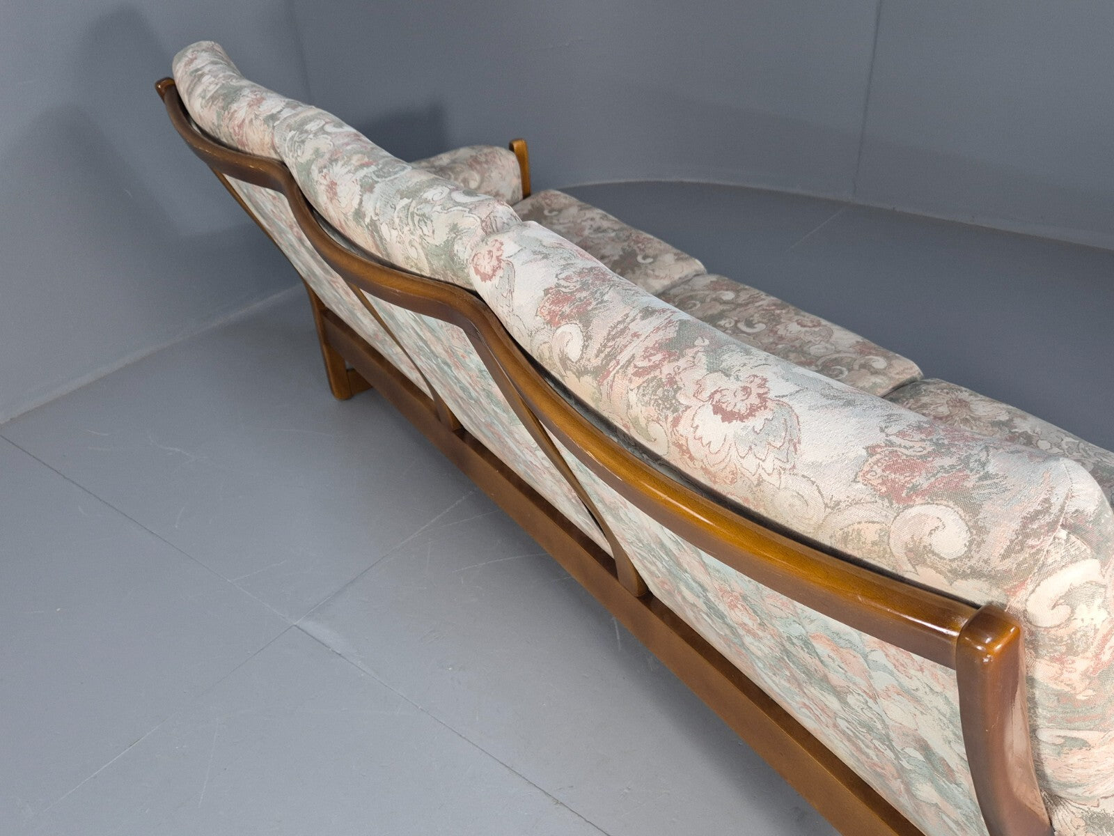 Vintage 1970s Wood Frame 3 Seat Sofa Floral Cotton Upholstery Retro EB9474 M3SS - UKDK FURNITURE