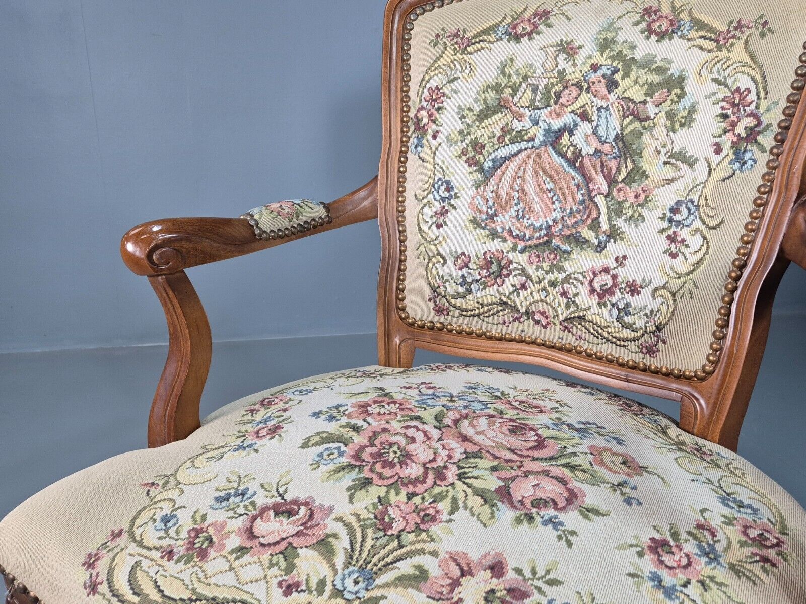 2 Vintage Danish Lounge Chairs Fauteuil Floral Tapestry French Repro EB8077 VCAR - UKDK FURNITURE