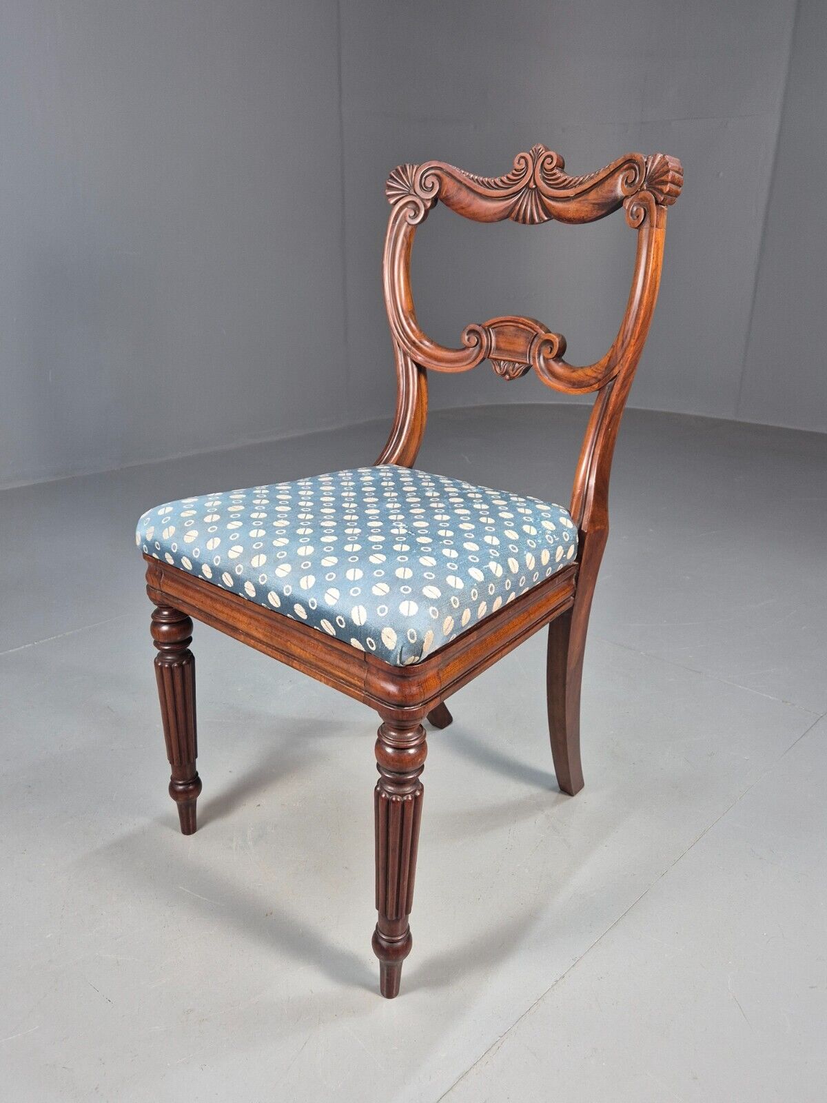 Vintage Dining Chair Blue Cotton Mahogany Victorian Antique EB8689 VDIN - UKDK FURNITURE
