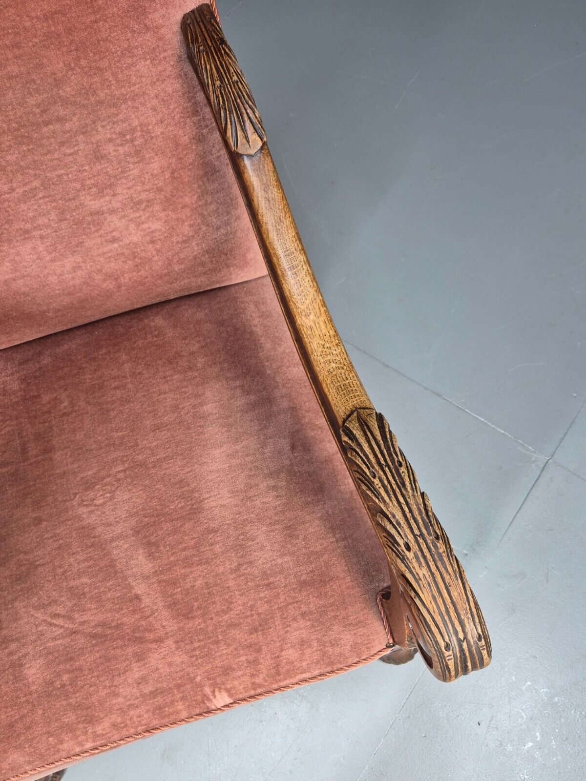 Vintage Danish Lounge Chair Pink Peach Velour Oak 17th Century Style EB8985 VCLO - UKDK FURNITURE