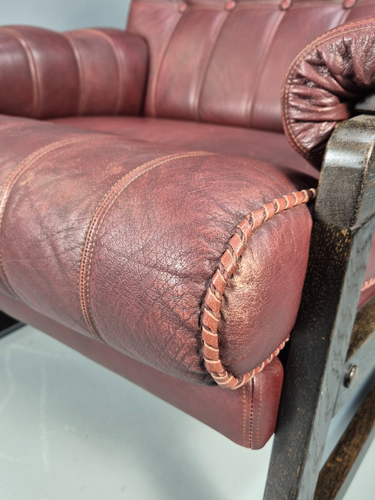 Vintage Danish Burgundy Leather Lounge Chair Stitch Detail 1980s MCM EB9259 MNOR - UKDK FURNITURE