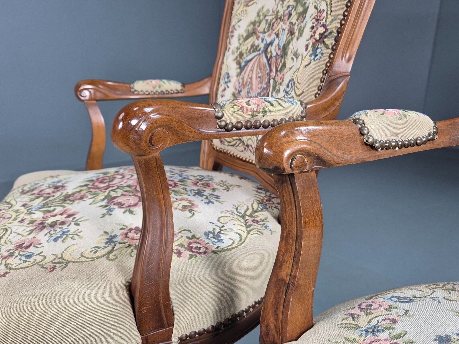 2 Vintage Danish Lounge Chairs Fauteuil Floral Tapestry French Repro EB8077 VCAR - UKDK FURNITURE