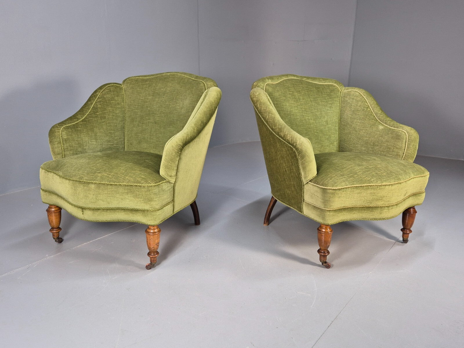 2 Vintage Danish Antique Tub Chairs Green Velour 19th Century EB9033 VCLO - UKDK FURNITURE