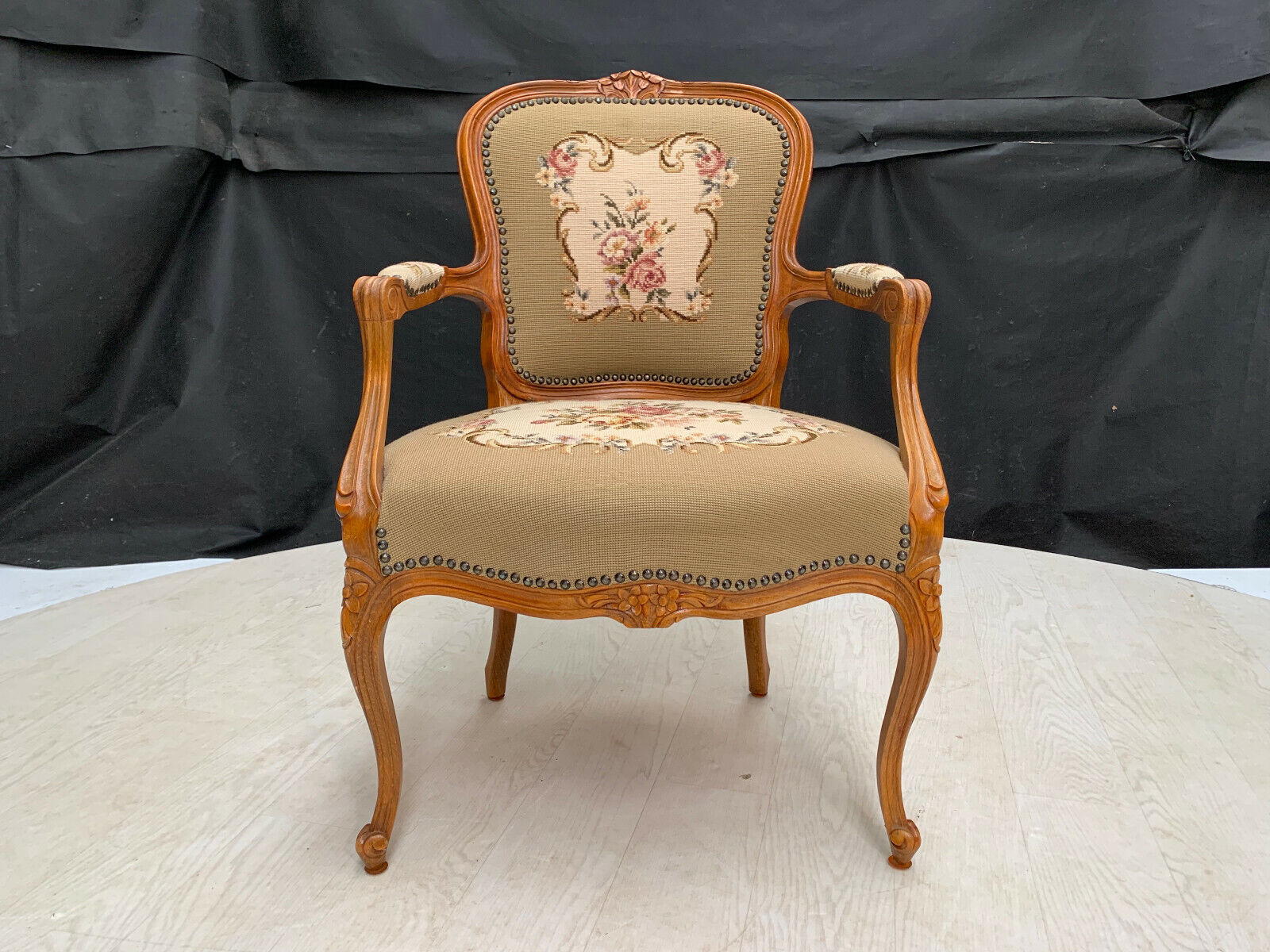 Danish Carved Beech & Beige Floral Wool Arm Chair Vintage Lounge EB2515 VCAR - UKDK FURNITURE