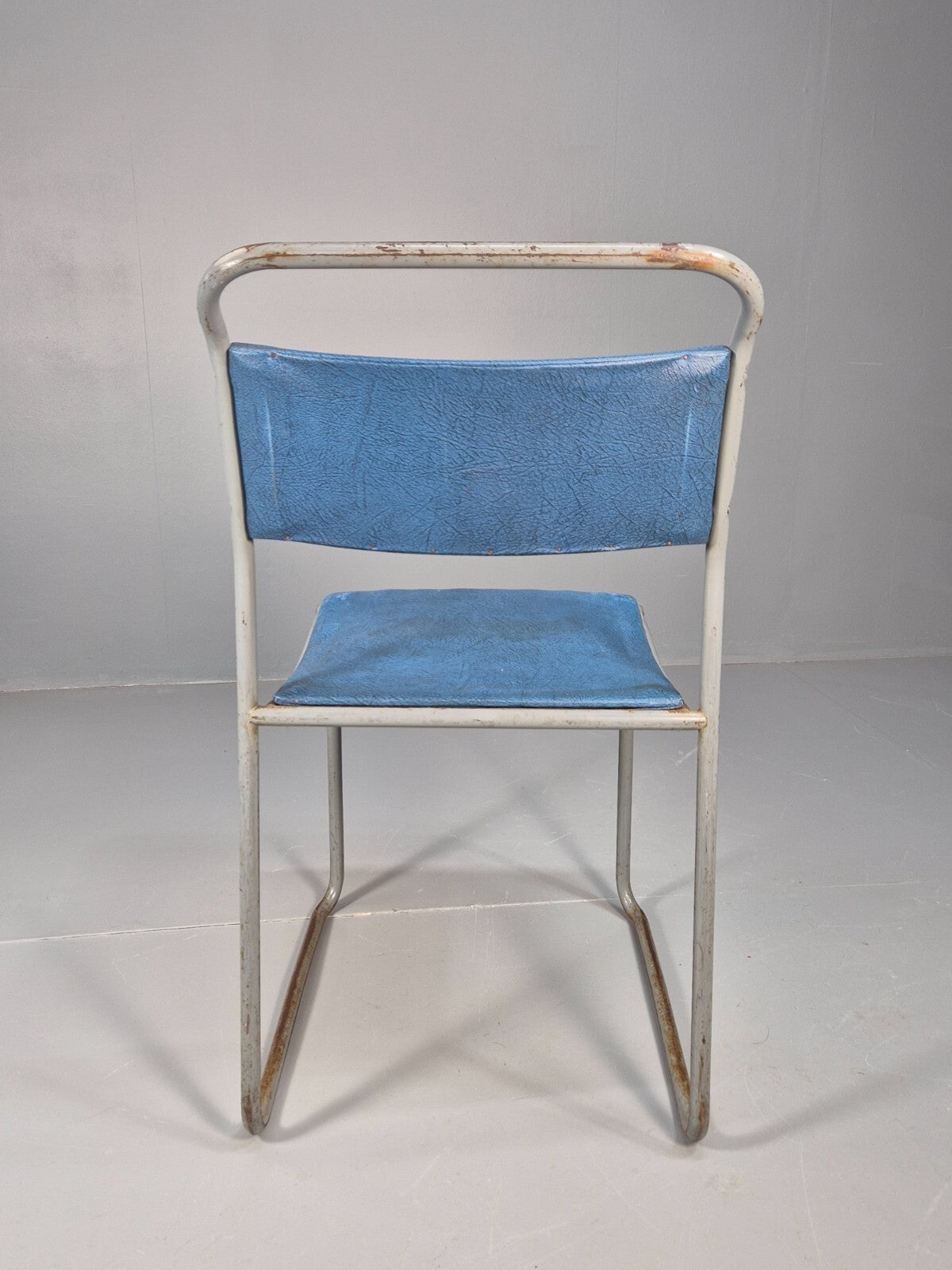 7 1950s Stacking Village Hall Chairs PEL style models in Blue Vinyl EB9470 MSTA - UKDK FURNITURE