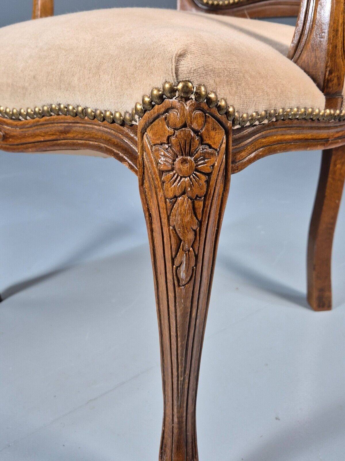 Vintage Danish Antique French Style Elbow Chair Beige Velour EB8439 VDIN - UKDK FURNITURE