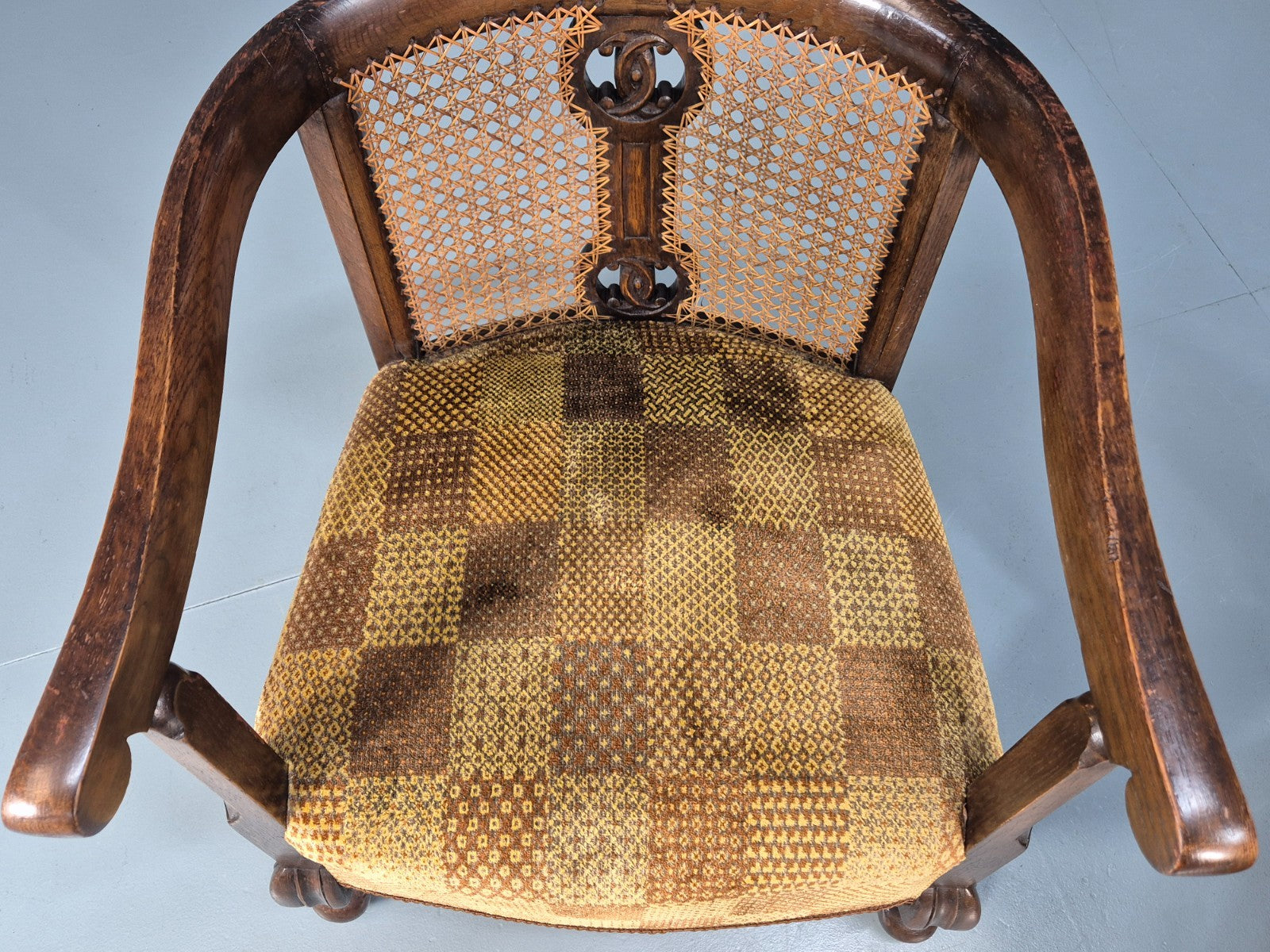 Pair Art Deco Tub Chairs Bergere Back Oak Frame Brown Velour 1930s EB10696 VCAR15