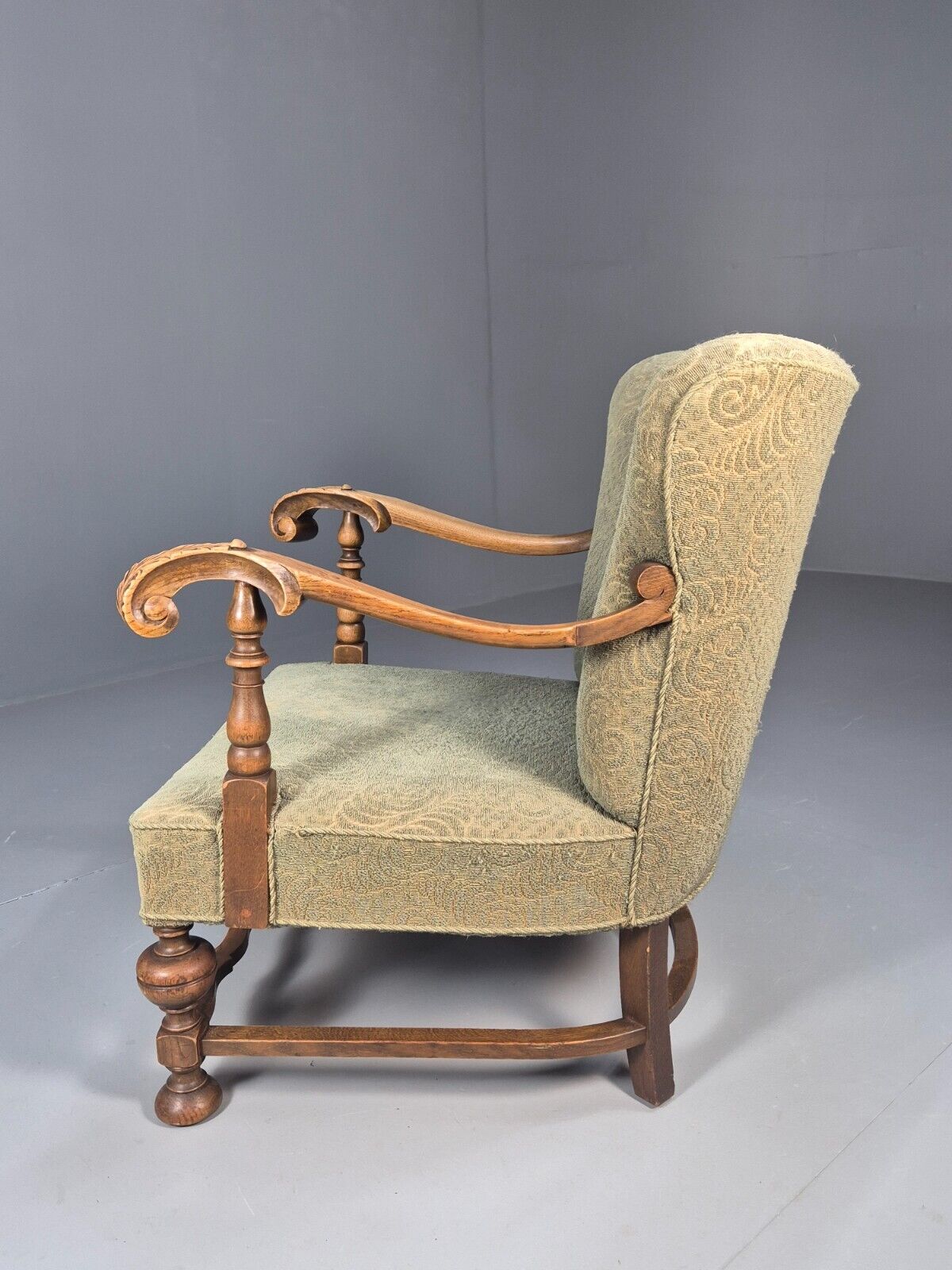 Vintage Danish Lounge Chair Green Moquette Carved Oak Frame 1940s EB8998 VCLO - UKDK FURNITURE