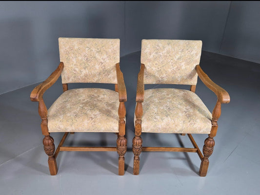 2 Antique Hall Chairs in Oak Frame and Floral Upholstery EB7362 VCAR1