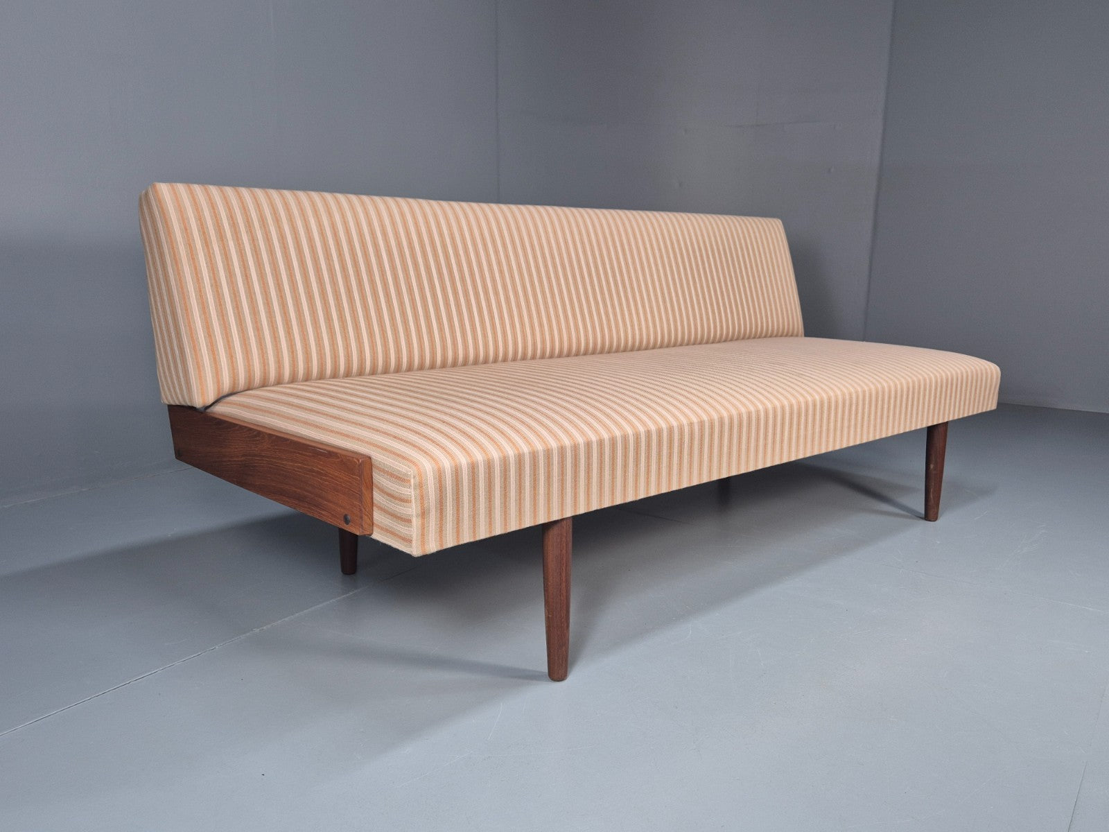 Danish Mid Century Day Bed Teak and Striped Cotton 1960s Retro EB10408 M4SS1