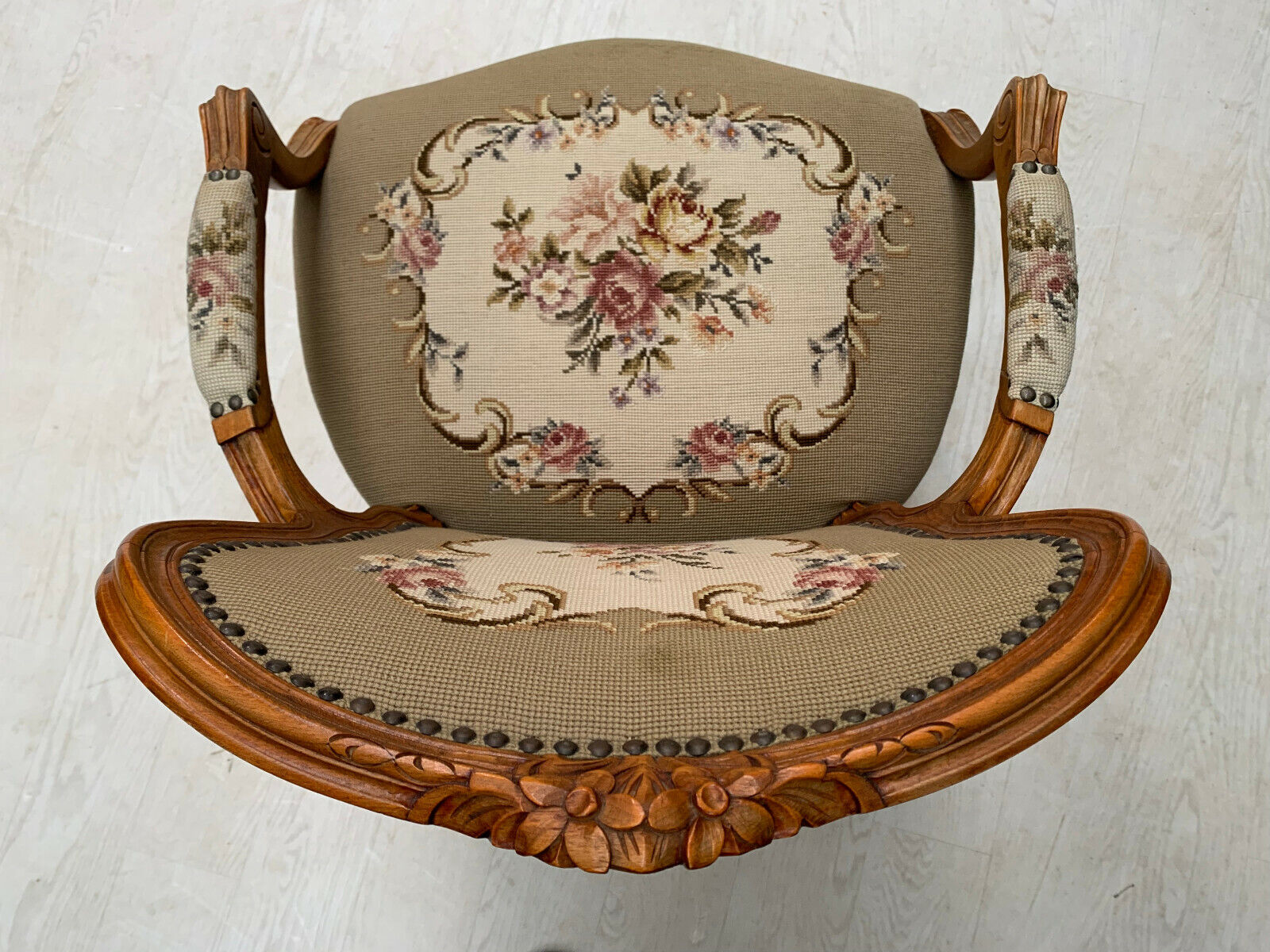 Danish Carved Beech & Beige Floral Wool Arm Chair Vintage Lounge EB2515 VCAR - UKDK FURNITURE