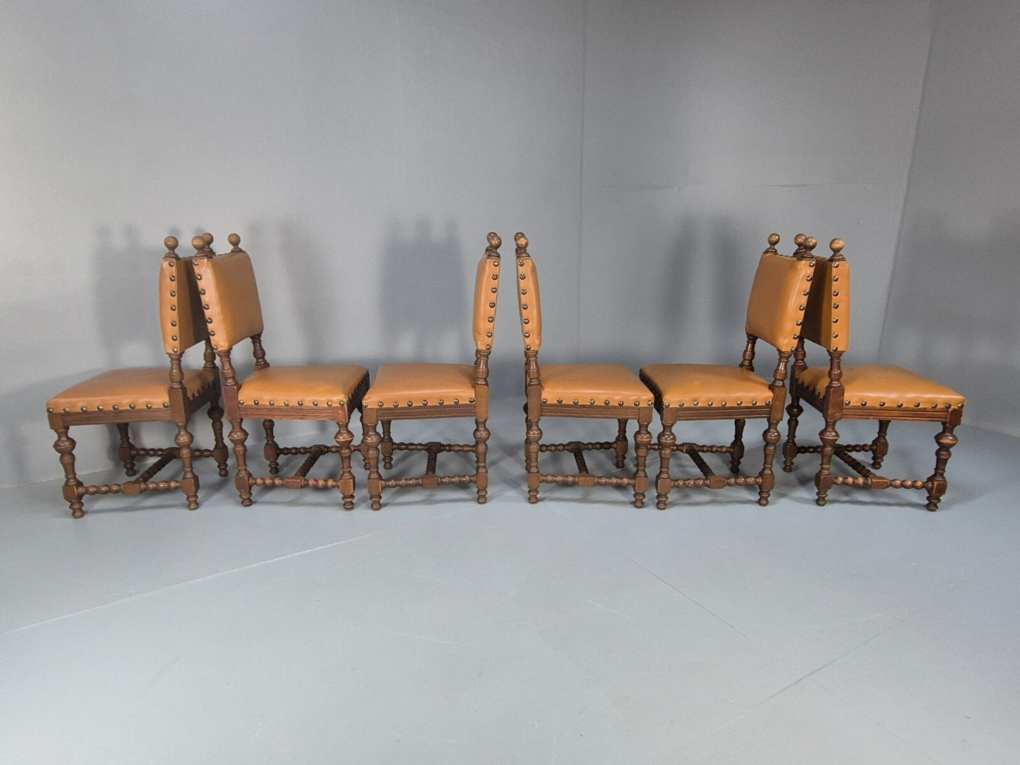 6 Vintage Danish Baroque Style Dining Chairs Oak and Tan Leather EB9649 VDIN - UKDK FURNITURE