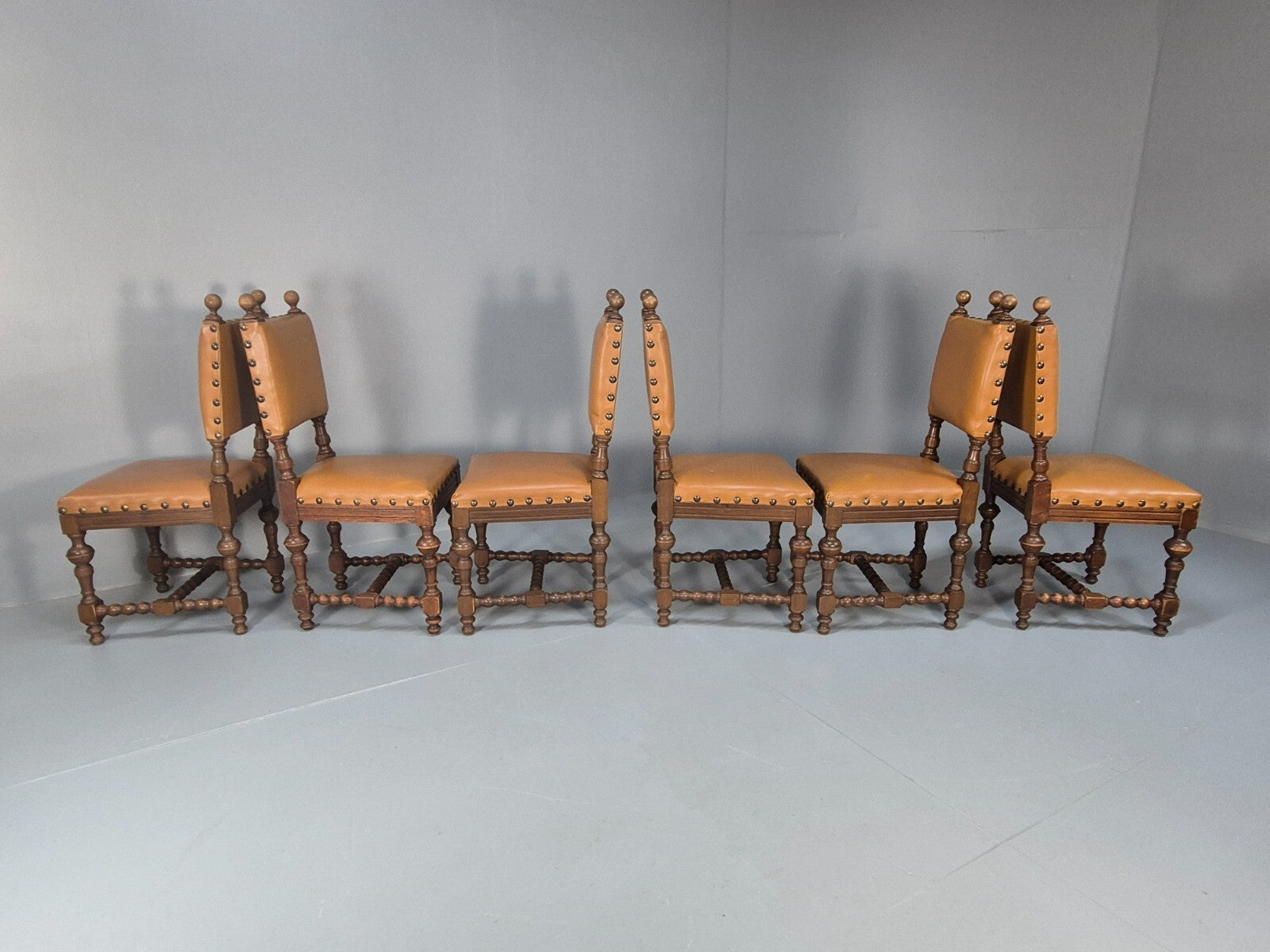 6 Vintage Danish Baroque Style Dining Chairs Oak and Tan Leather EB9649 VDIN - UKDK FURNITURE